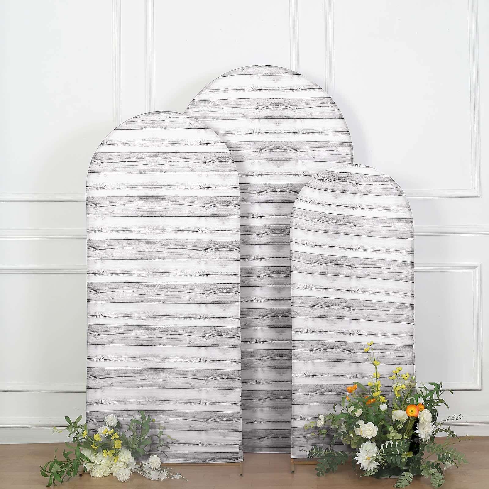 Special Offer! Set of 3 White Rustic Wood Pattern Spandex Covers for Round Top Chiara Wedding Arch Backdrops - 5ft, 6ft, 7ft