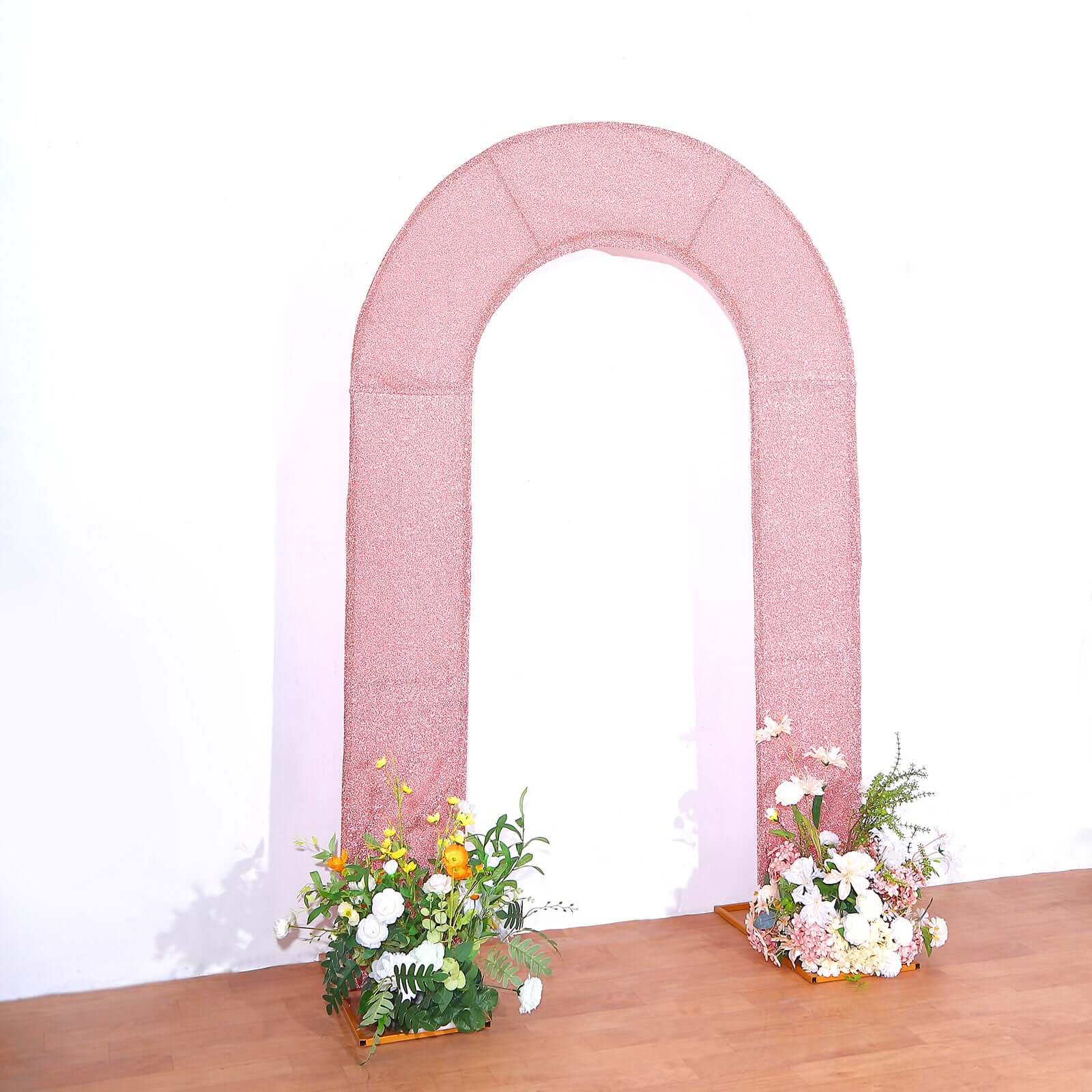 Premium 8ft Rose Gold Shimmer Tinsel Spandex U-Shaped Wedding Arch Slipcover - Ideal for Events