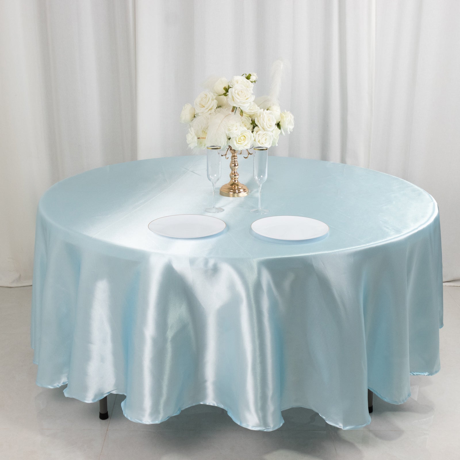 Light Blue Smooth and Lustrous 108-Inch Satin Round Tablecloth