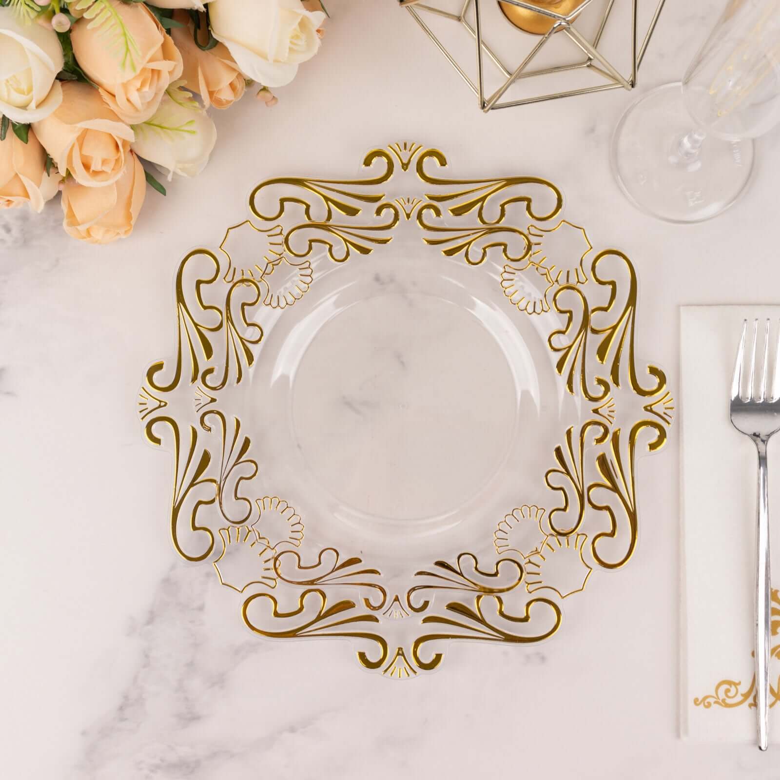 10-Piece Set of Clear Plastic Round Dessert Plates with Gold Vintage Baroque Scalloped Edge