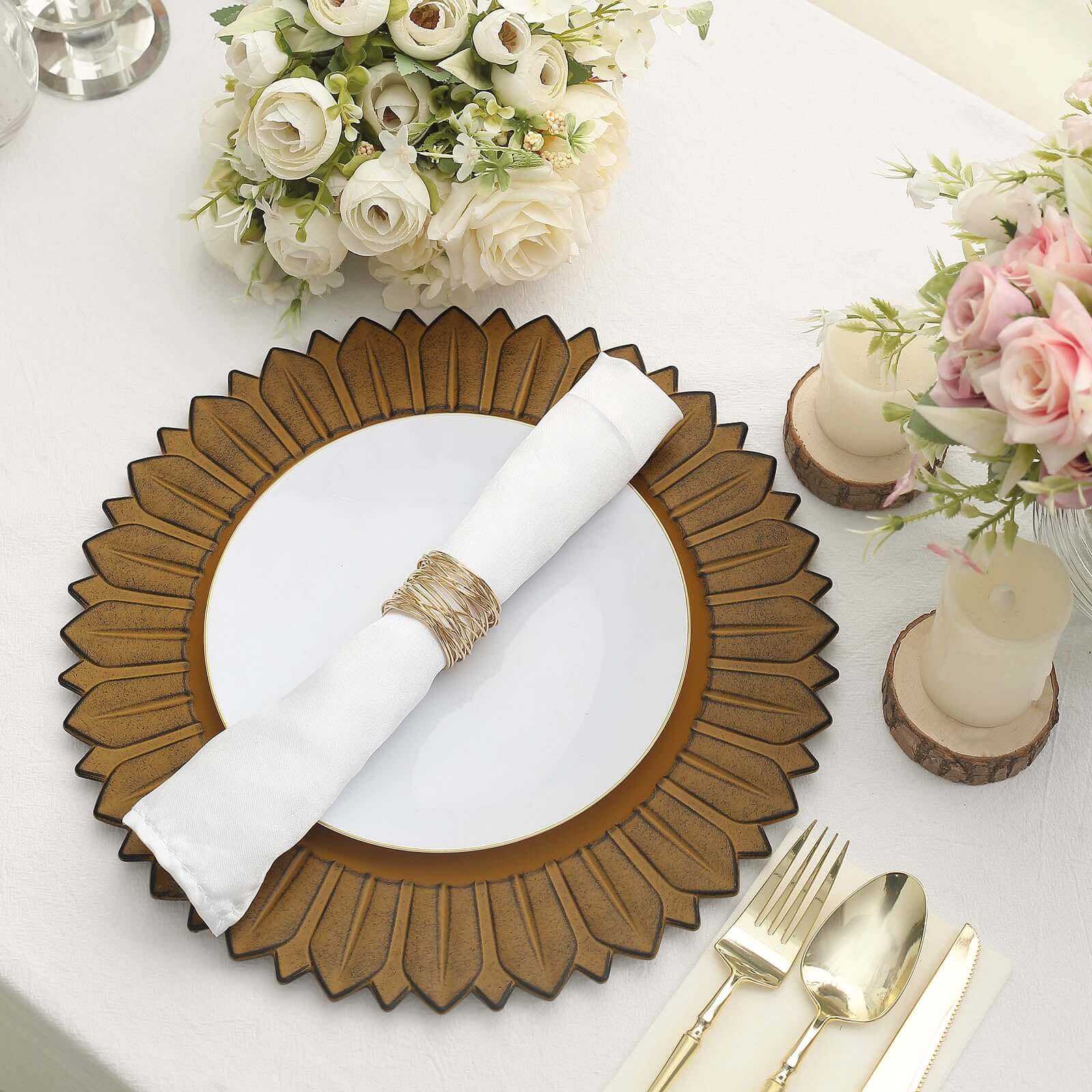 6-Piece Set of 13-Inch Matte Mustard Yellow Plastic Round Charger Plates with Sunflower Rim