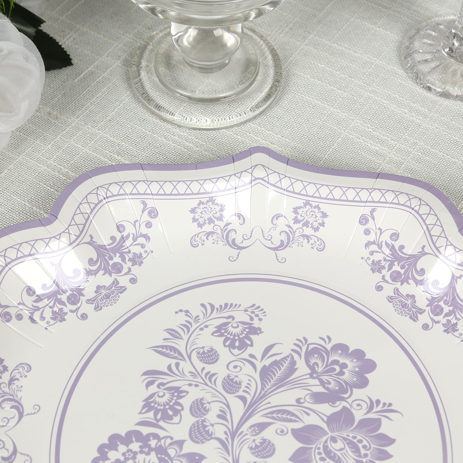Hot Deal! 25-Pack White & Lavender Lilac Damask Floral Scallop Rim Disposable Paper Dessert Plates (8.5')