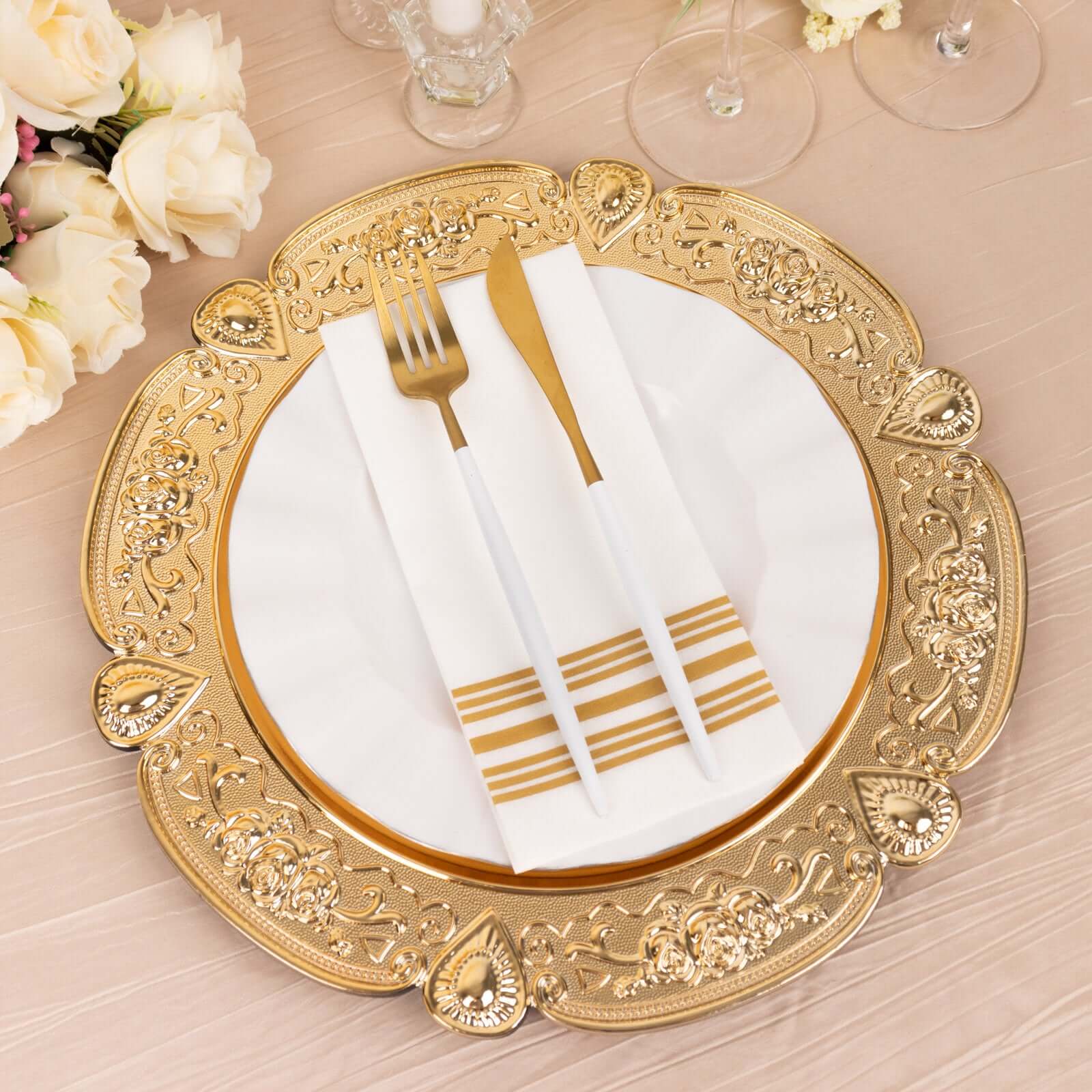 Hot Sale! 6-Pack 13-inch Gold Floral Embossed Acrylic Charger Plates with Scalloped Rim