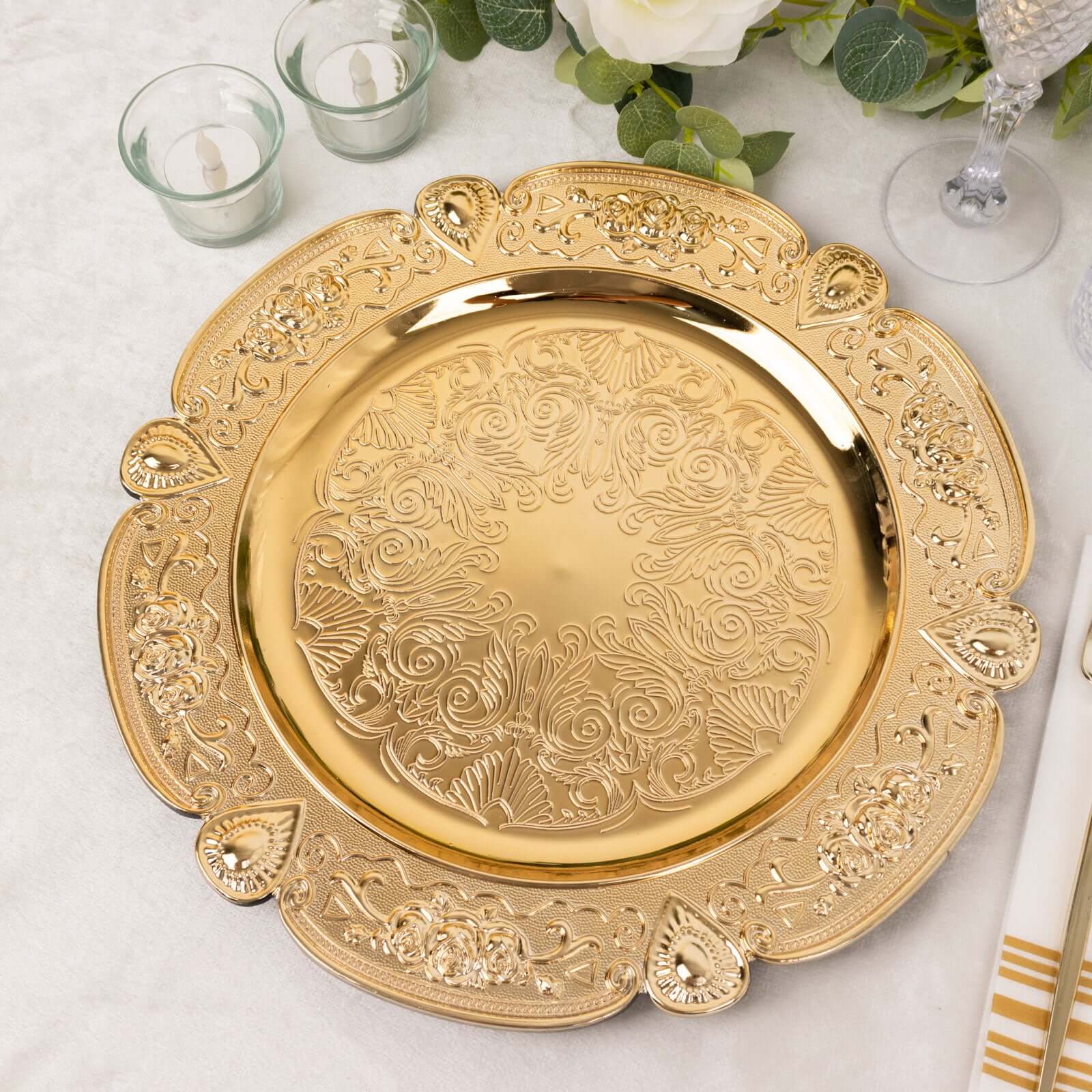 Hot Sale! 6-Pack 13-inch Gold Floral Embossed Acrylic Charger Plates with Scalloped Rim