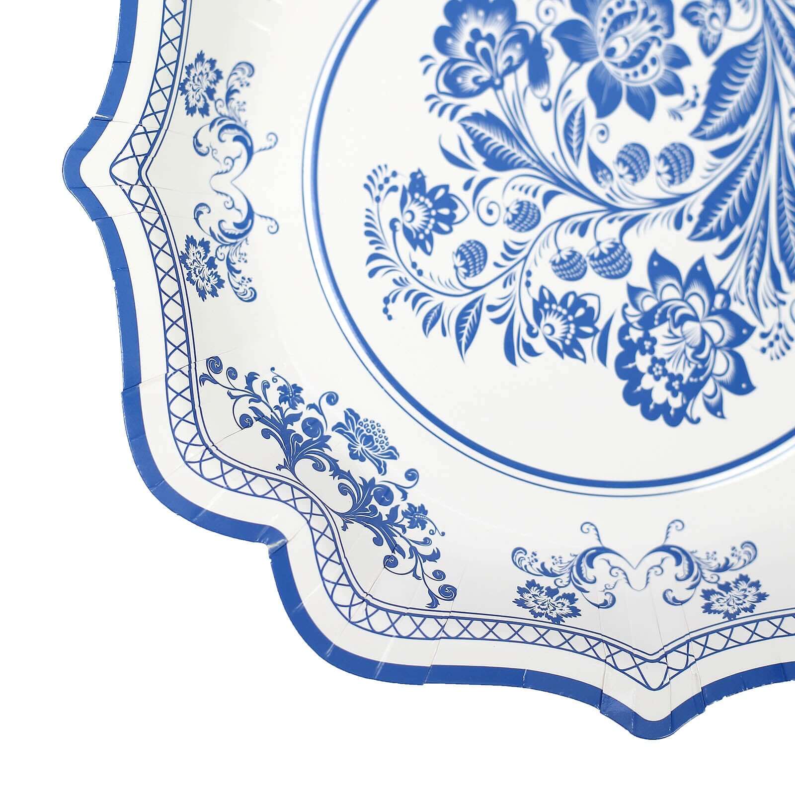 25-Pack Disposable White Paper Salad Plates with Light Blue Damask Floral Print and Scallop Rim