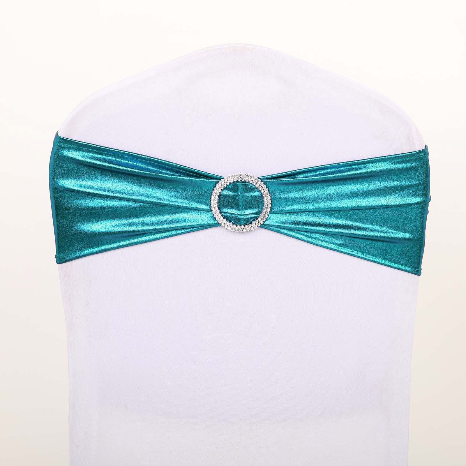 5-Pack Metallic Peacock Teal Spandex Chair Sashes with Round Diamond Buckles - Great for Events