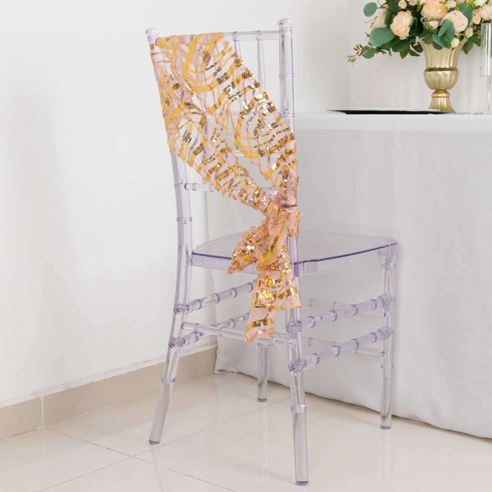 5-Piece Set of Rose Gold/Gold Chair Sashes with Sparkling Wave Embroidered Sequins, 6x88