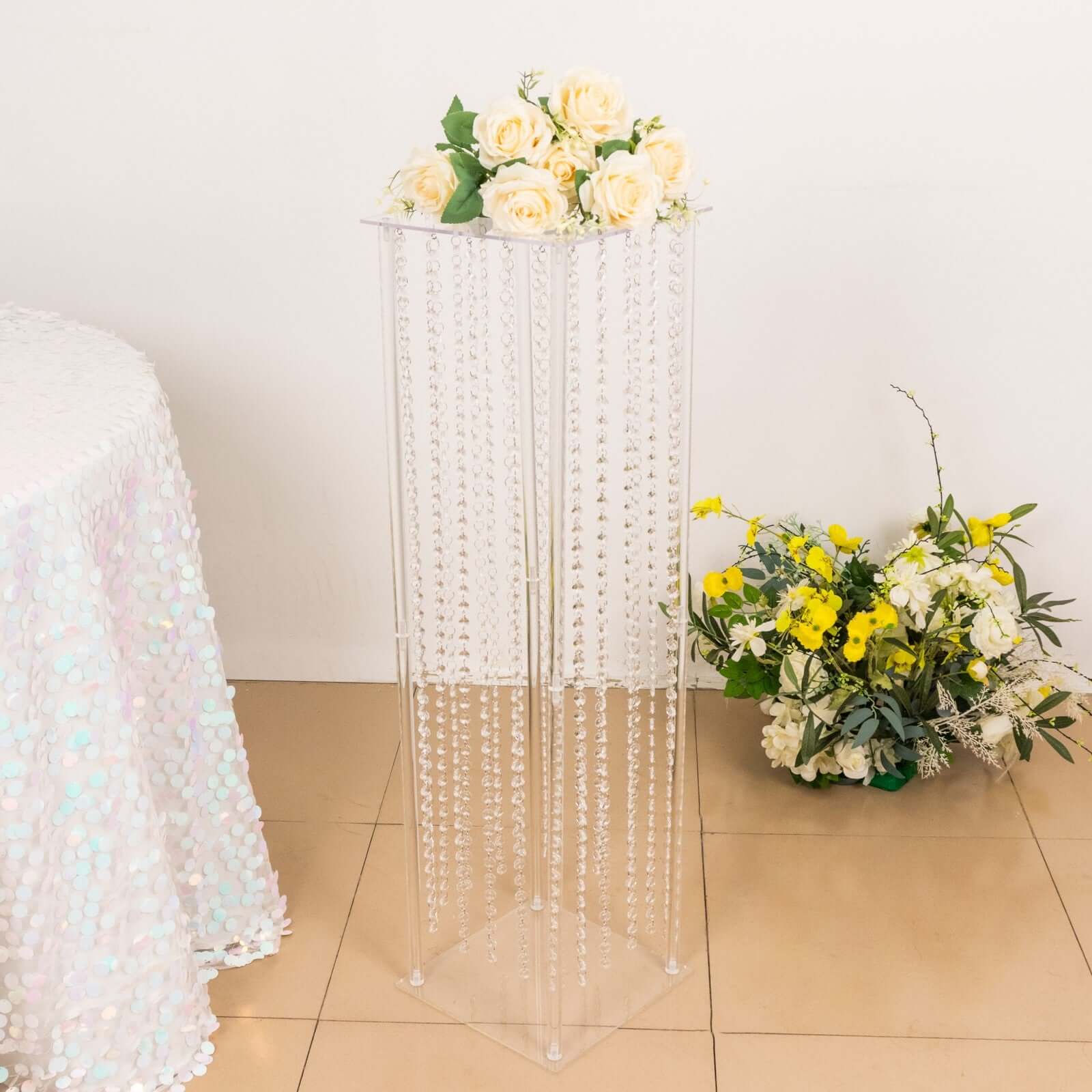 Clear Acrylic Flower Pedestal Vase with Crystal Beads - Elegant 40" Wedding Floor Centerpiece
