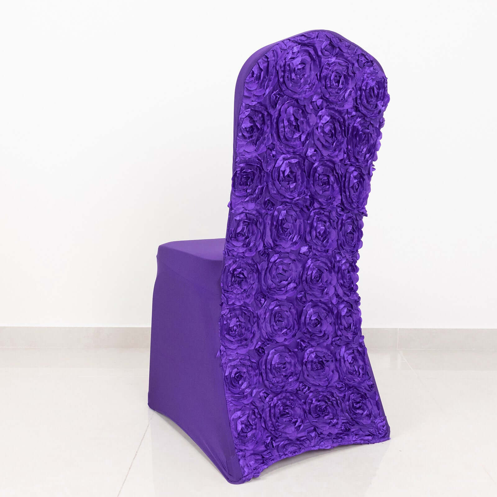 Purple Satin Rosette Stretch Slip-On Chair Cover for Banquets - Elegant & Durable