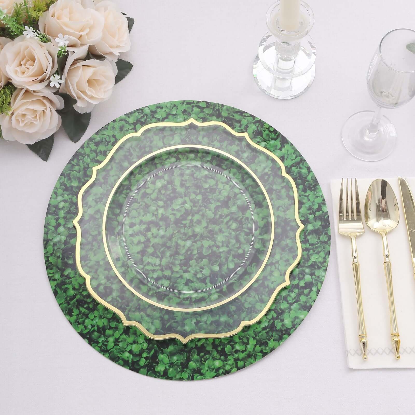 6-Piece Set of Disposable Round Table Placemats in Green Boxwood Leaf Design, 700GSM, 13-Inch