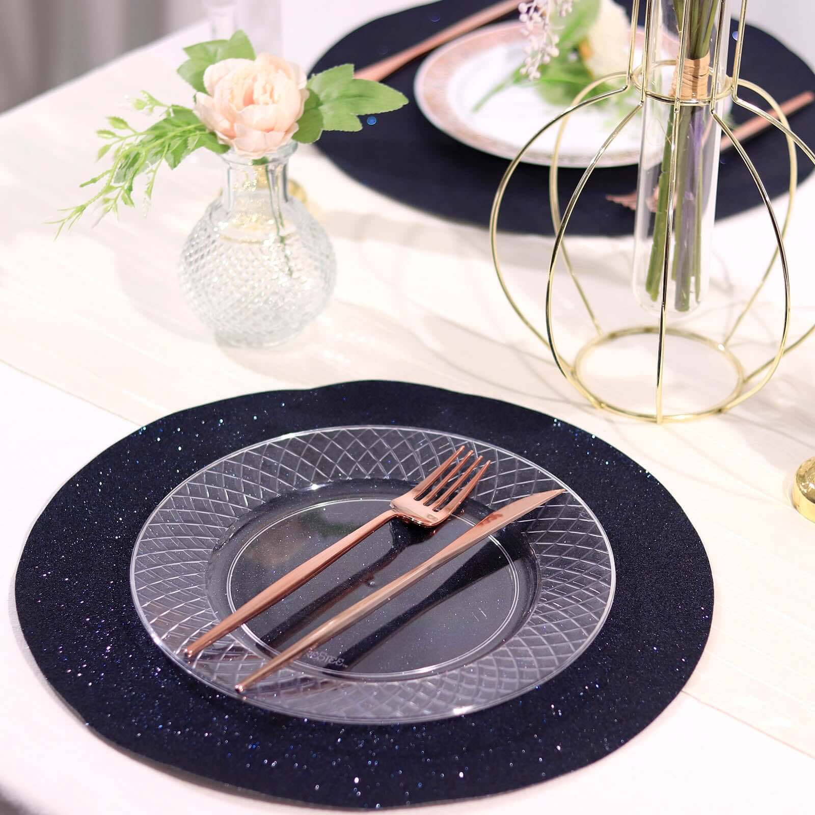 6-Piece Set of Navy Blue Glitter Round Placemats - Non-Slip and Heat-Resistant for Dining Tables