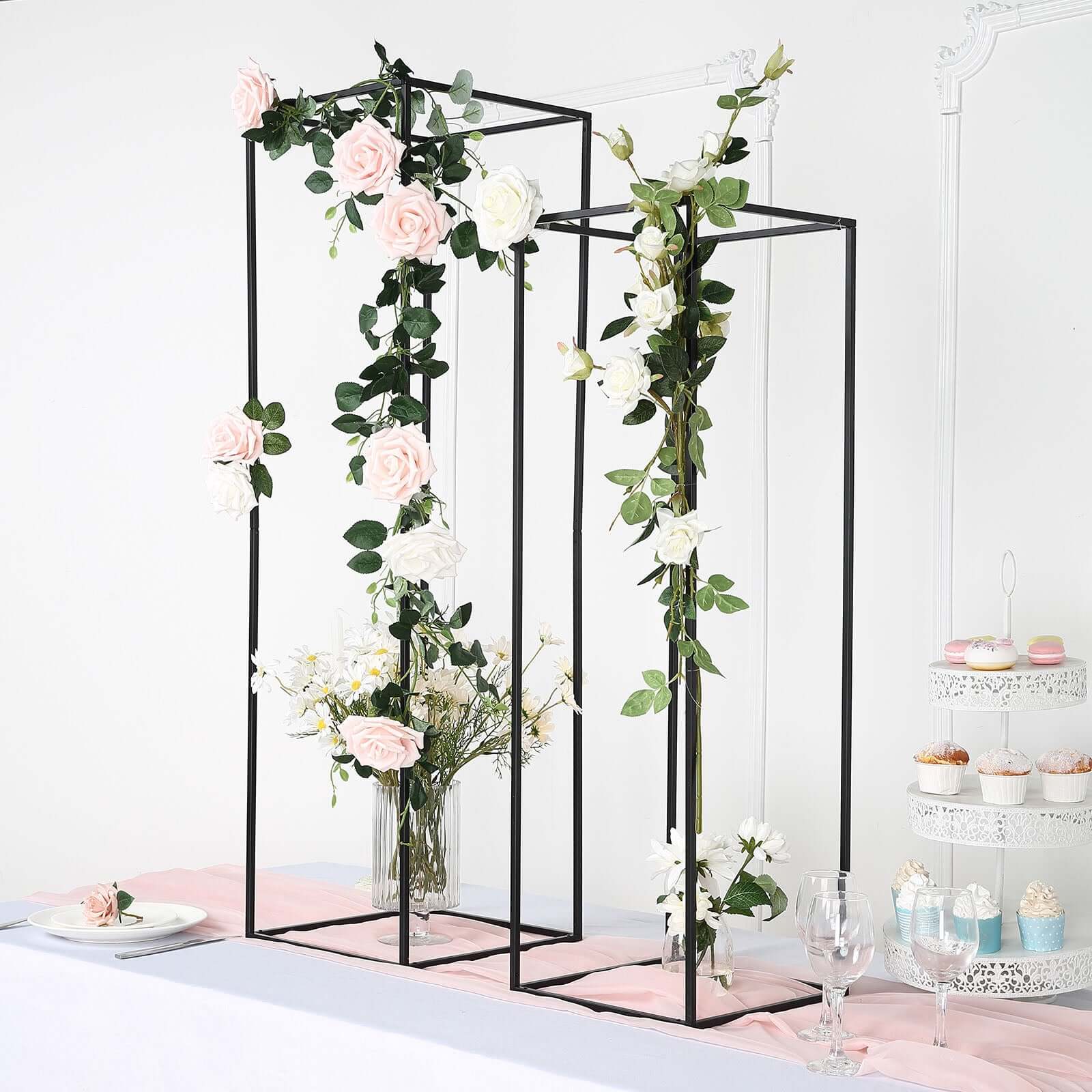 2-Pack Matte Black Metal Geometric Wedding Flower Stand - Ideal for Sophisticated Floral Arrangements