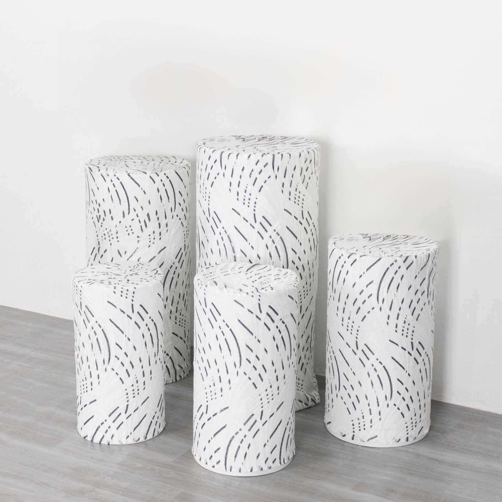 Hot Sale! Set of 5 Embroidered Sequin White Wave Mesh Cylinder Pedestal Stand Covers