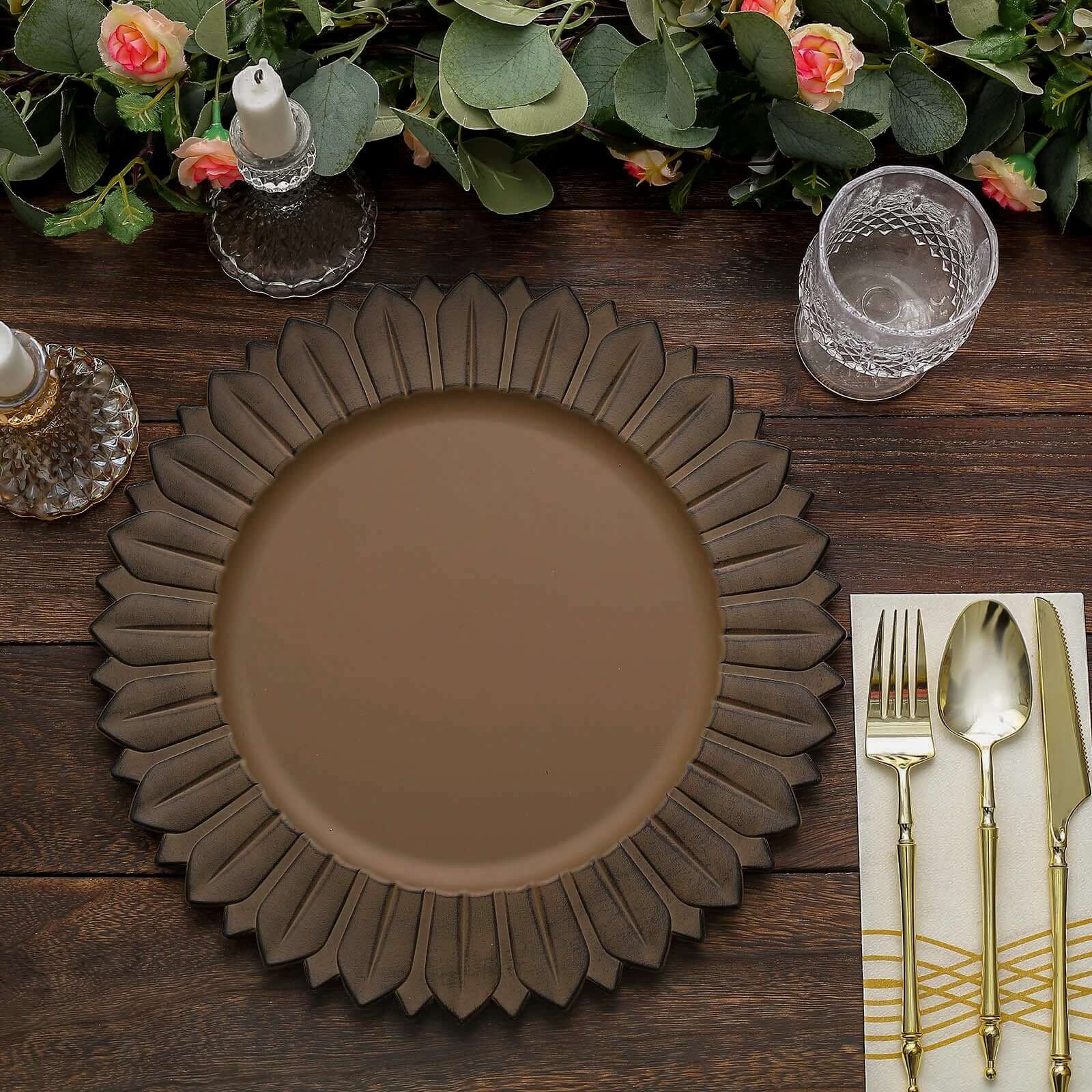 Hot Sale! 6-Pack 13in Plastic Round Disposable Dinner Charger Plates with Sunflower Rim, Matte Natural Finish