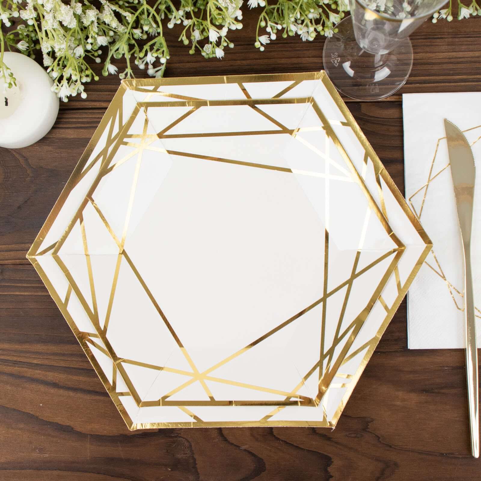 25-Pack White & Gold Geometric Hexagon Disposable Paper Appetizer and Salad Plates for Events
