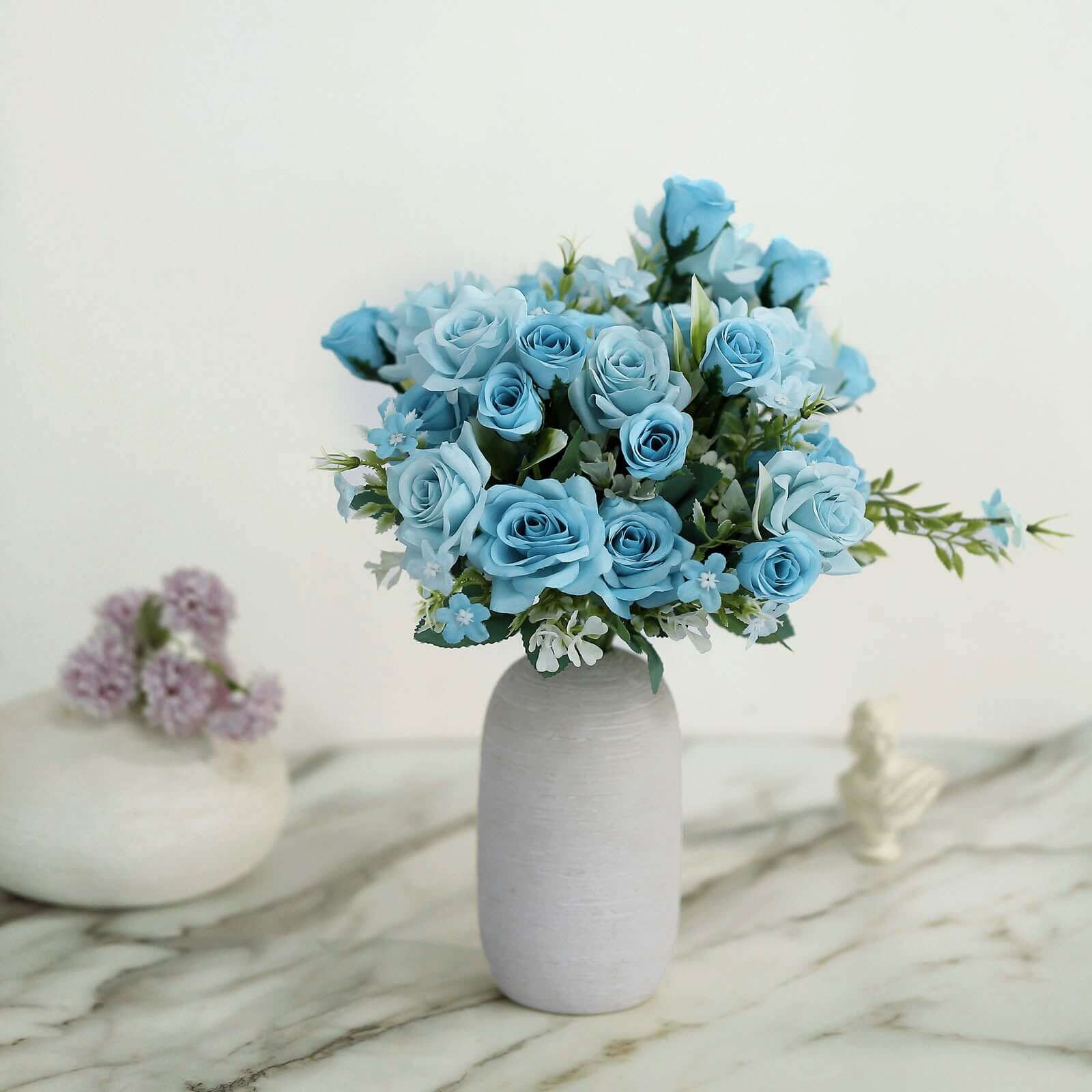 12-Inch Dusty Blue Realistic Artificial Silk Rose Flower Bouquet with 4 Bushes for Various Occasions