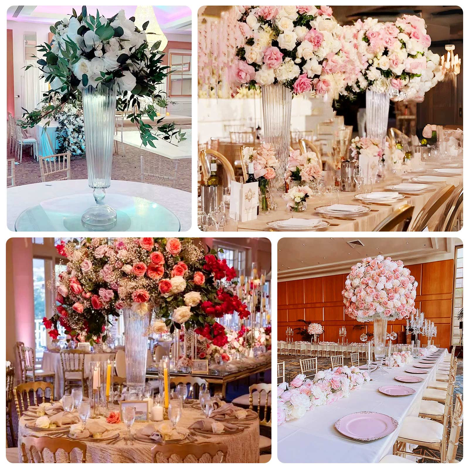 4-Pack Clear Glass Trumpet Vases with Ribbed Design - Durable 26-Inch Event Centerpieces