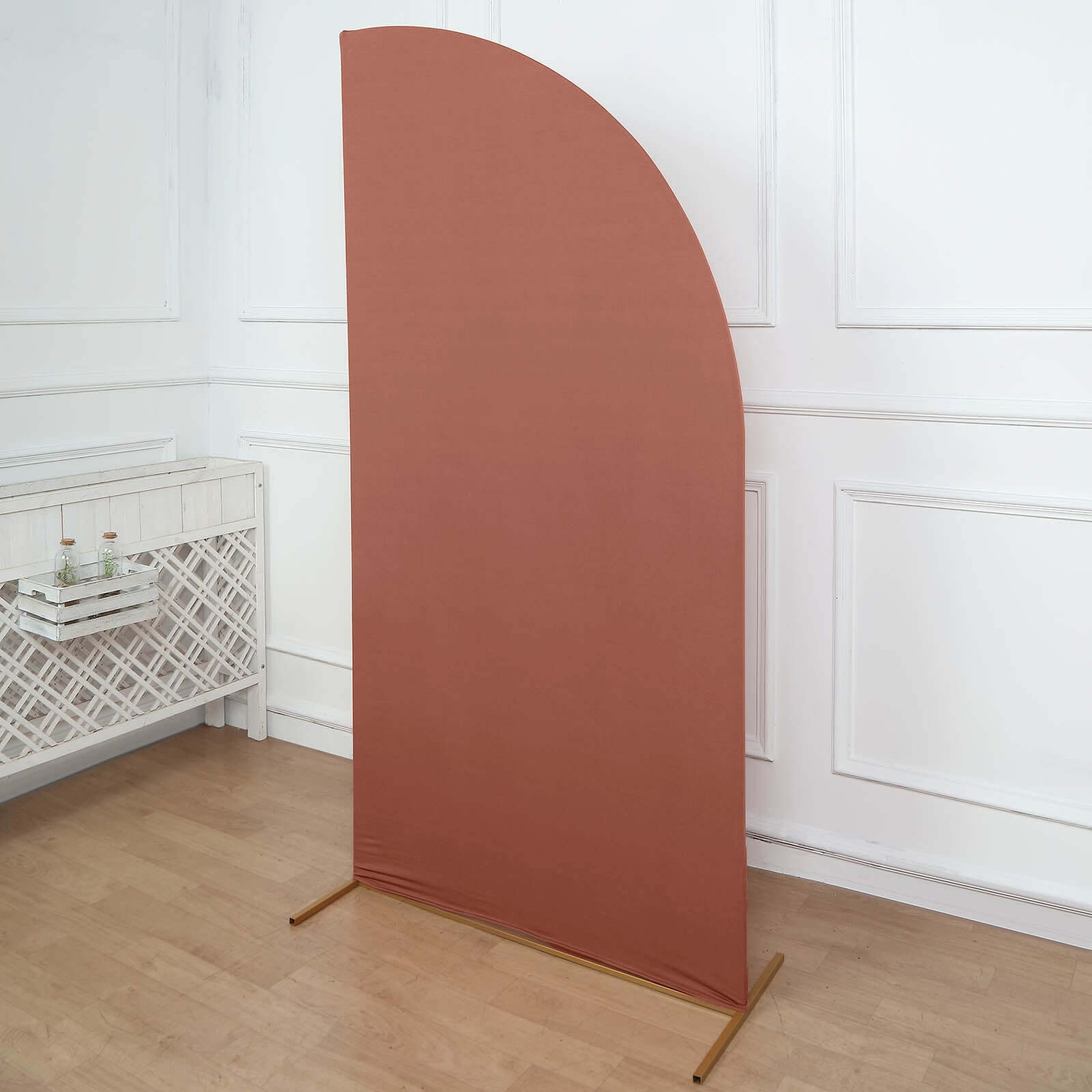 Hot Deal! 7ft Custom-Fitted Spandex Half Moon Chiara Matte Terracotta (Rust) Wedding Arch Backdrop Stand Cover