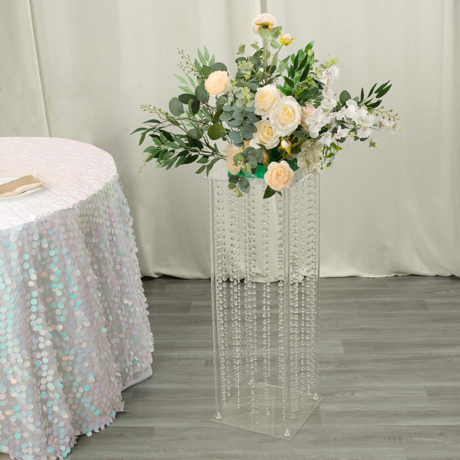 Clear Acrylic Flower Pedestal Vase with Crystal Beads - Elegant 40" Wedding Floor Centerpiece