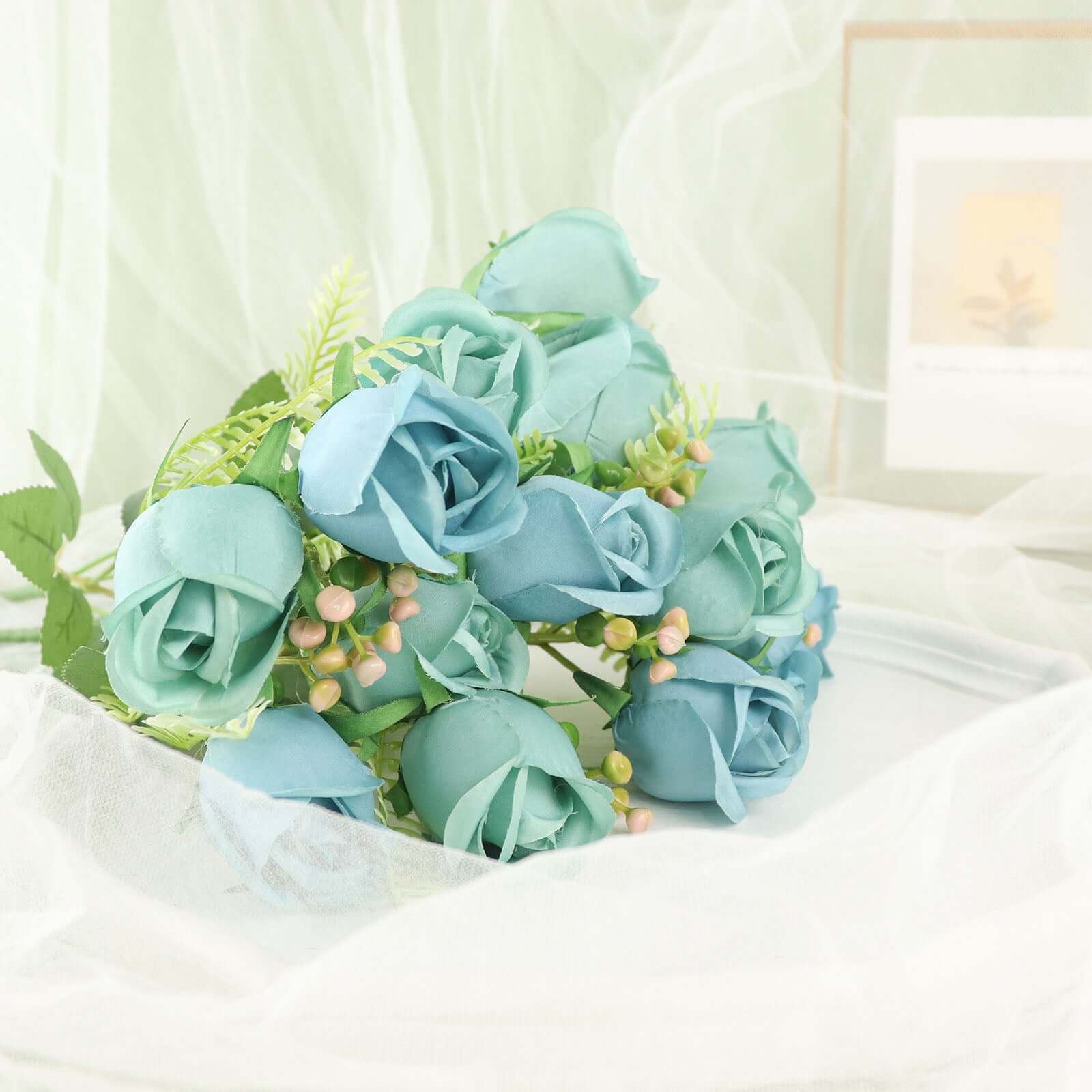 Hot Deal! 3-Pack 13" Dusty Blue Real Touch Silk Rose Bud Bridal Bouquets