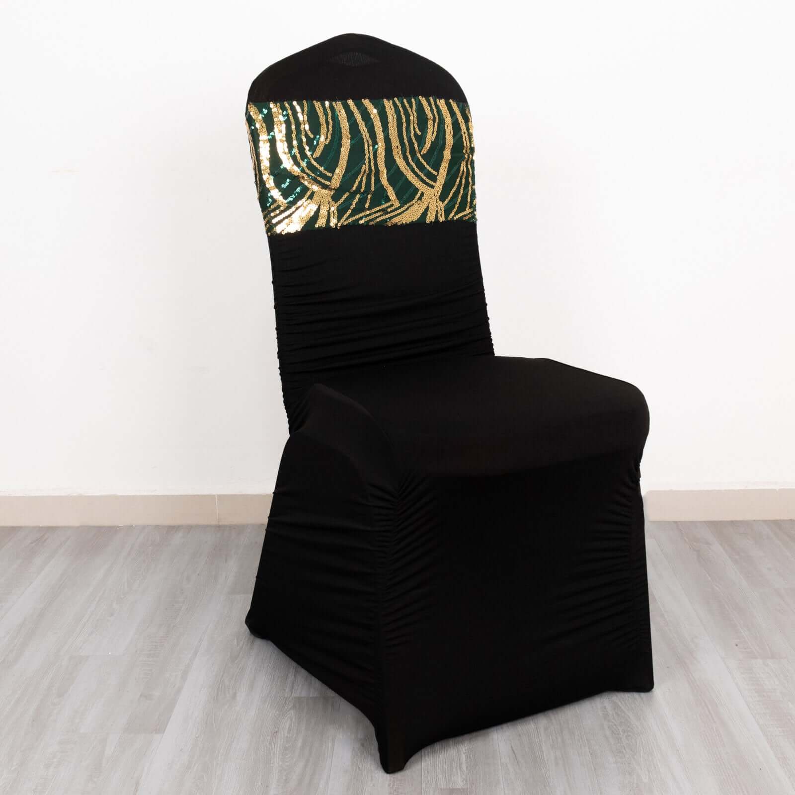 Hot Deal! 5-Pack Hunter Emerald Green/Gold Chair Sash Bands with Wave Embroidered Sequins