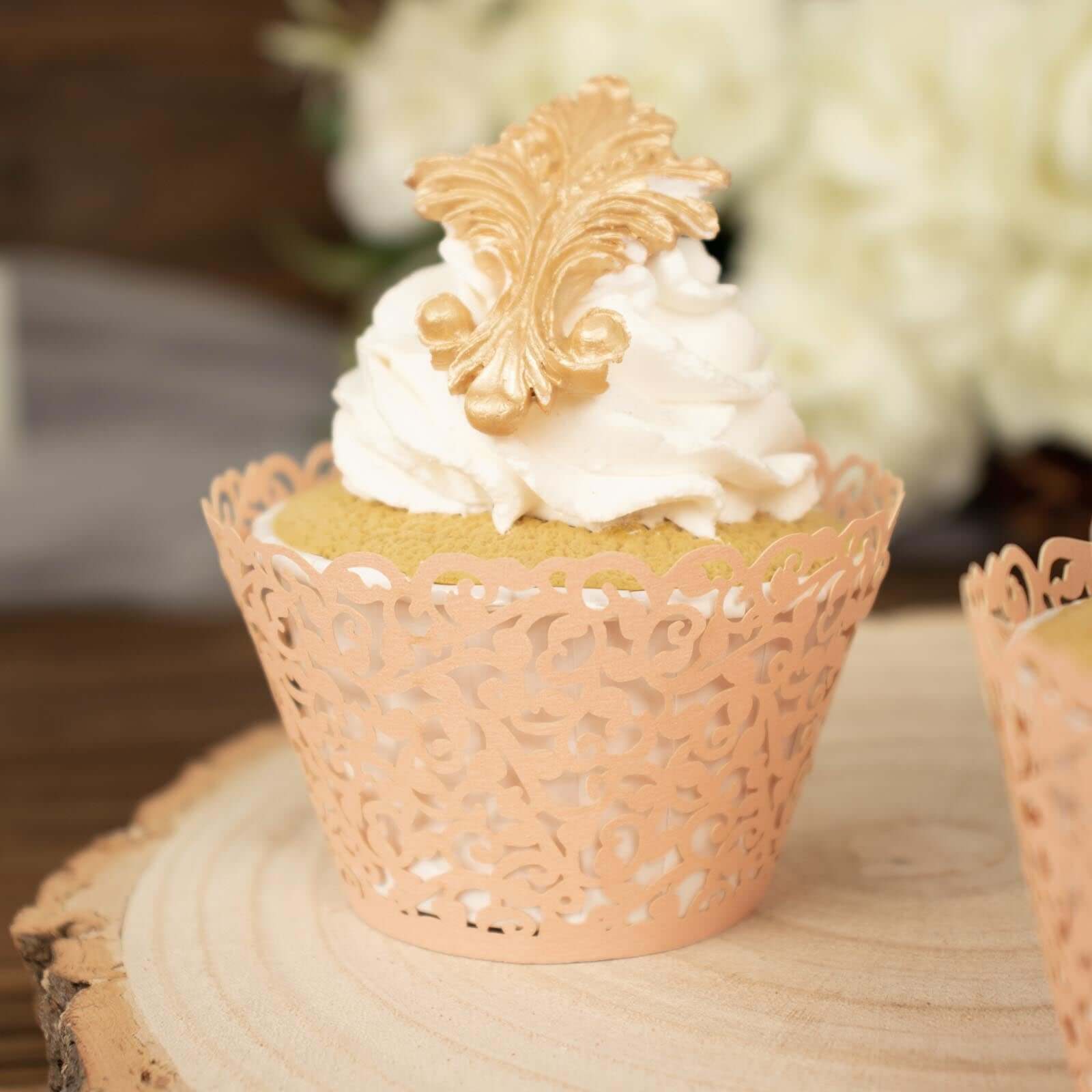 25-Pack Premium Blush Paper Cupcake Wrappers with Lace Laser Cut Design for Party Baking