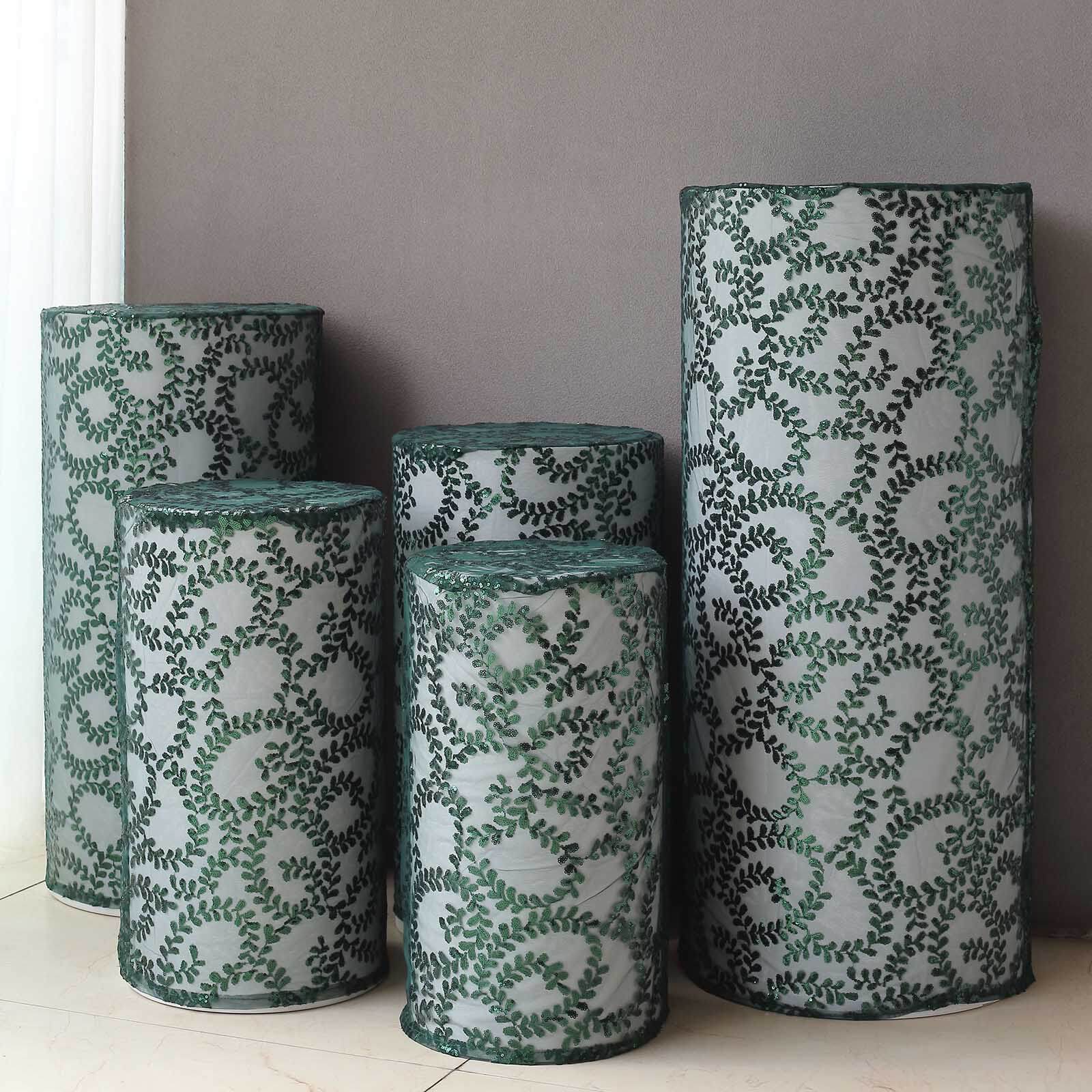 Hot Deal! Set of 5 Sparkly Hunter Emerald Green Sequin Mesh Cylinder Pedestal Stand Covers with Leaf Vine Embroidery
