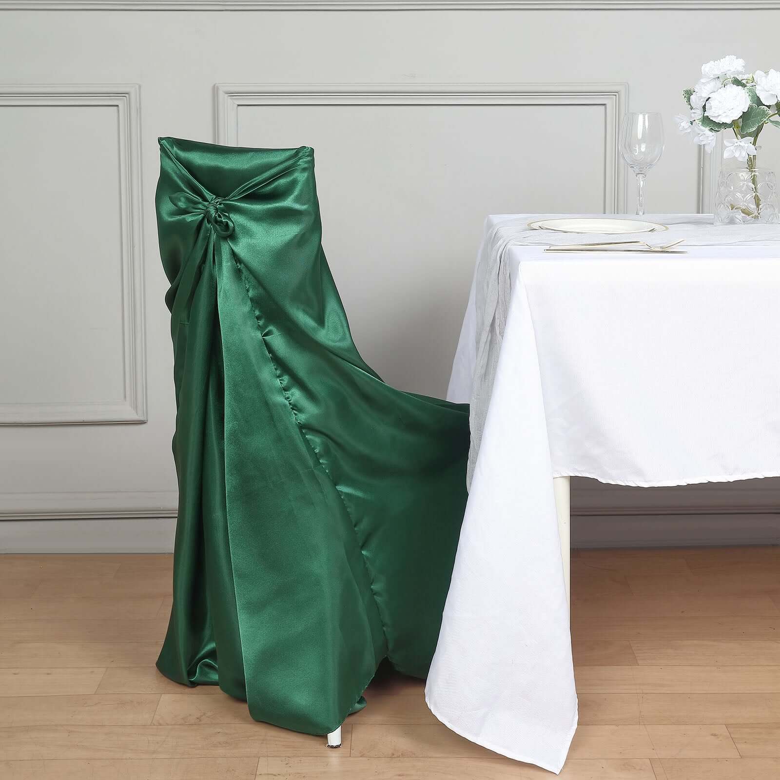 Hunter Emerald Green Satin Self-Tie Chair Covers - Durable Slip-On for Folding, Dining & Banquet Chairs