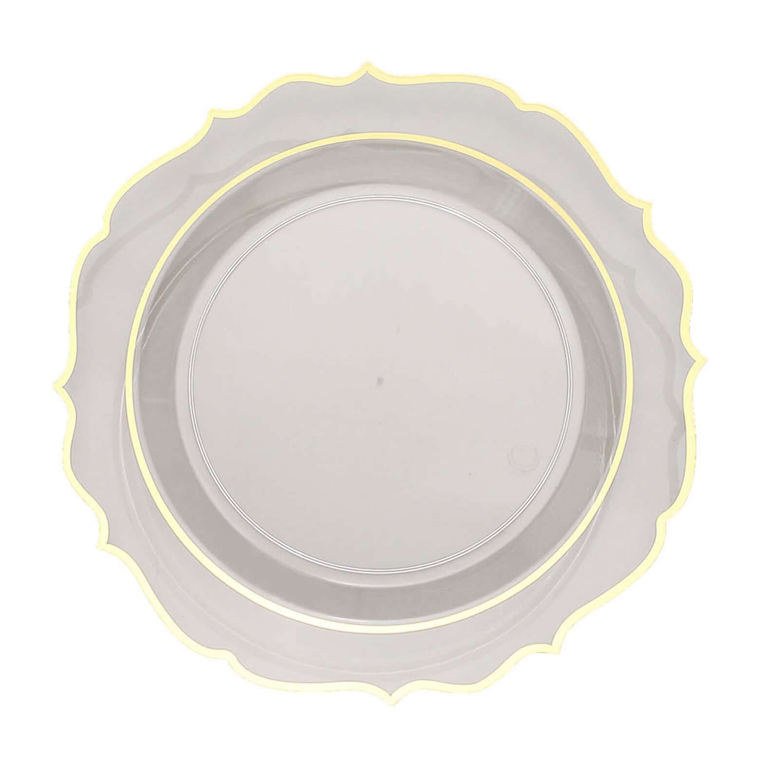 10-Piece Set of Clear Plastic Round Dinner Plates with Gold Scalloped Rims - Disposable for Parties