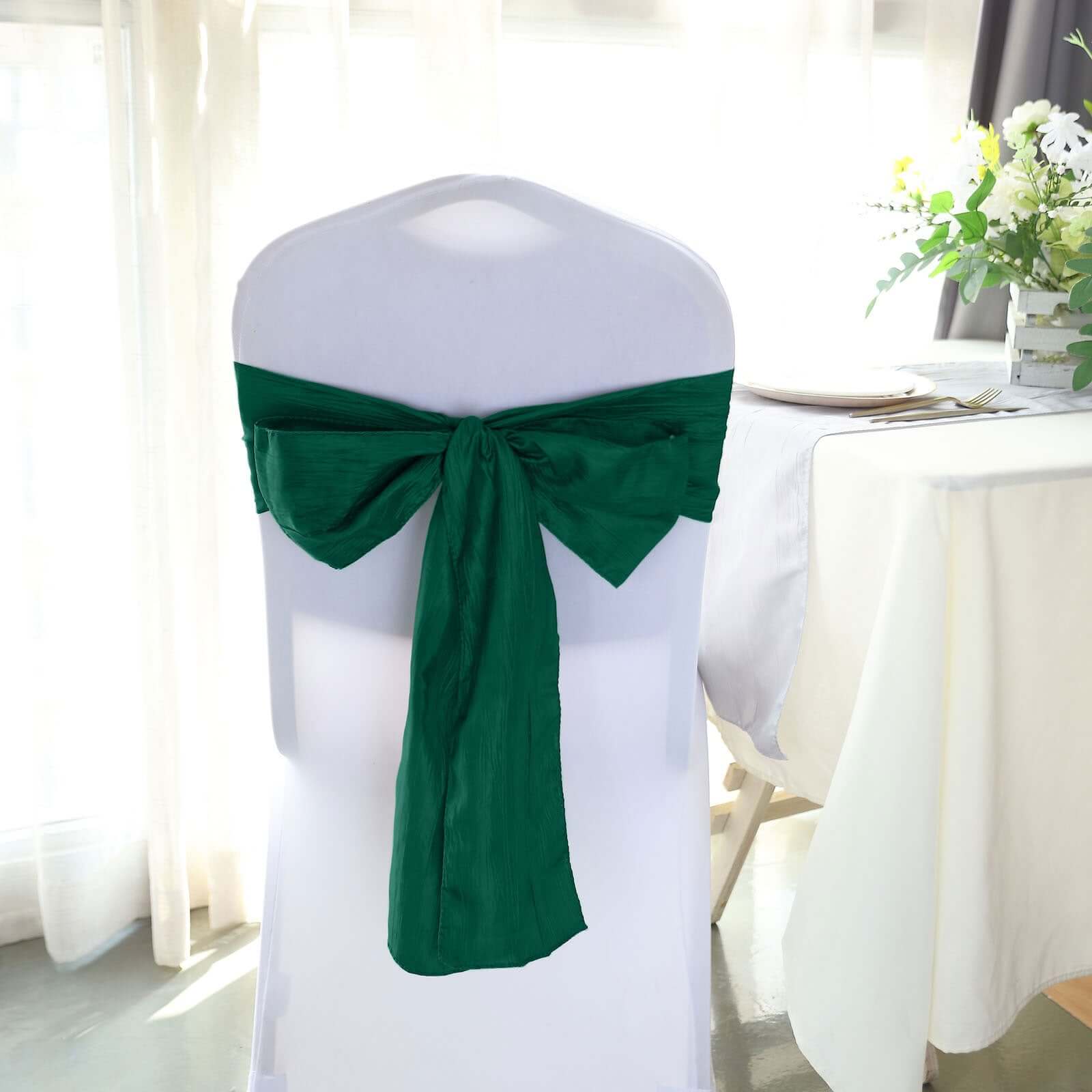 5-Pack Hunter Emerald Green Accordion Crinkle Taffeta Chair Sashes - Ideal for Weddings & Gatherings