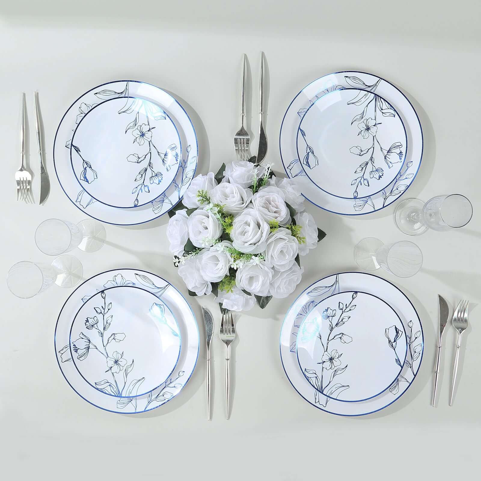Stylish Disposable Set of 20 White Plastic Plates with Metallic Blue Floral Design - 8, 10 Inches