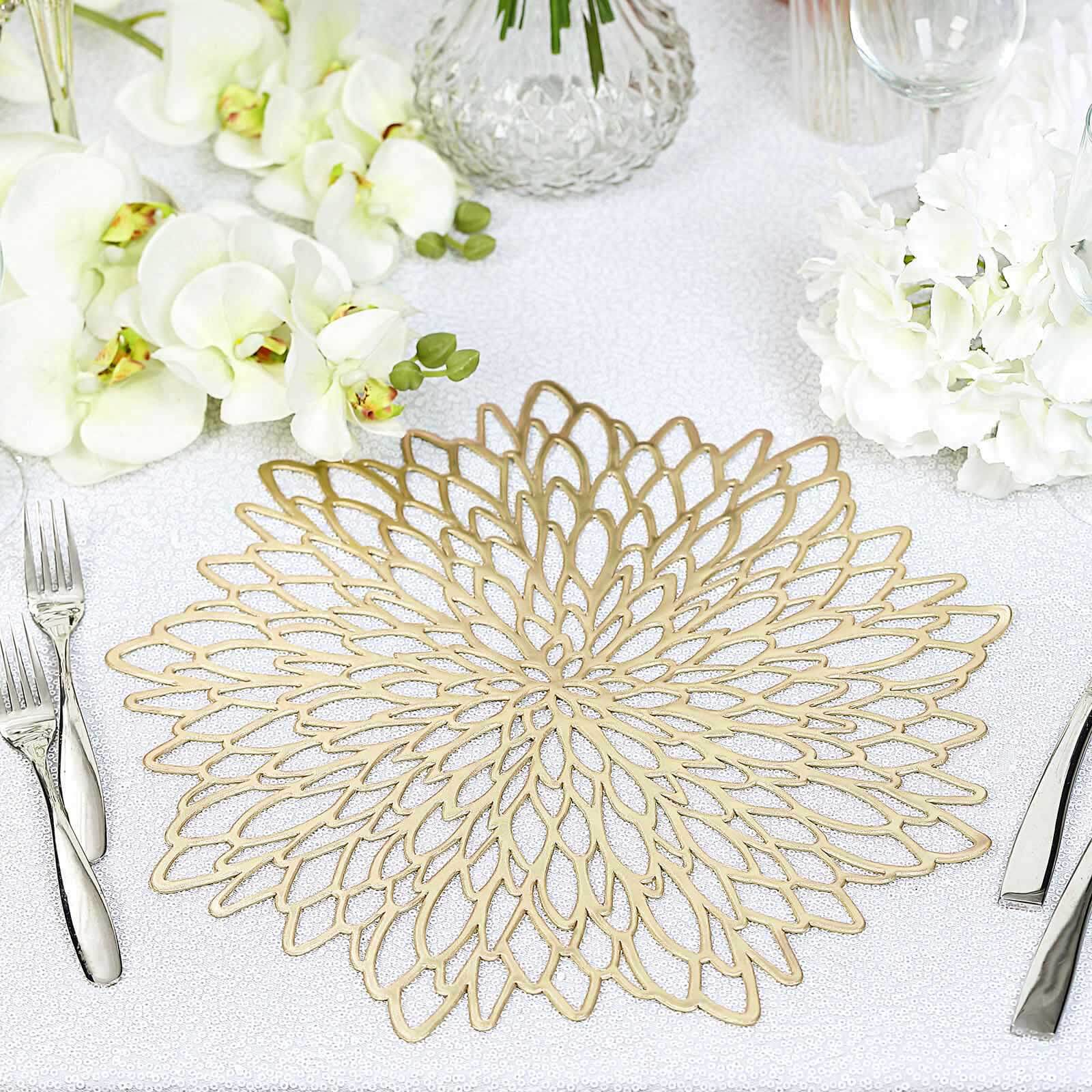 Hot Deal! 6-Pack Gold Floral Vinyl Round Non-Slip Dining Table Mats, 15"