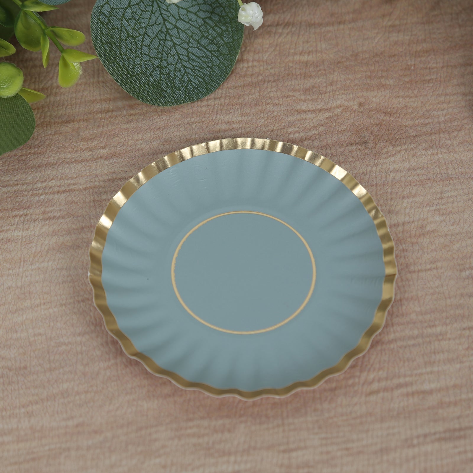 50-Piece Set of 3.5-Inch Disposable Dusty Blue Paper Dessert Plates with Gold Scalloped Edges