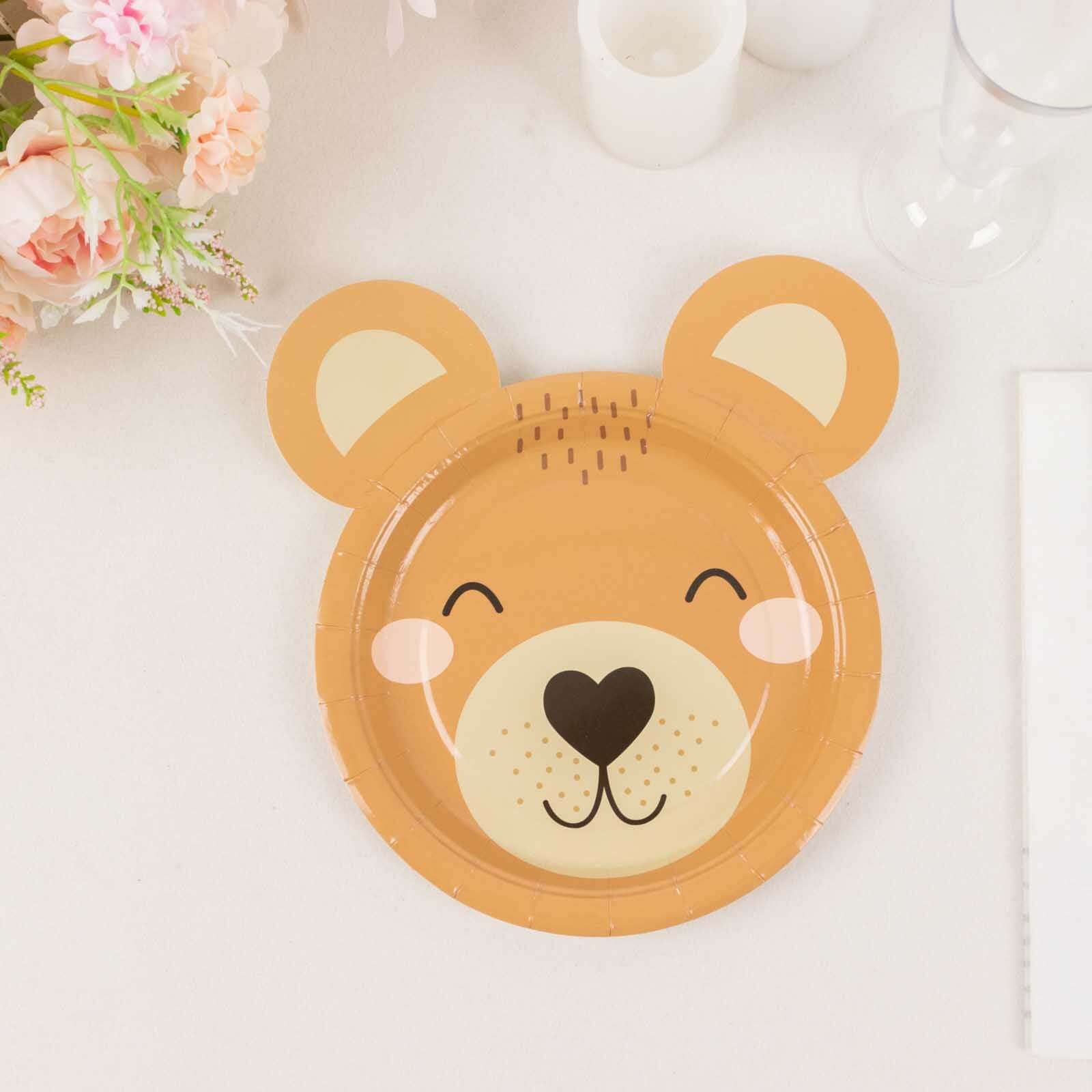25-Pack Disposable 300GSM Brown Teddy Bear Print Round Dessert Plates - Ideal for Party Decor