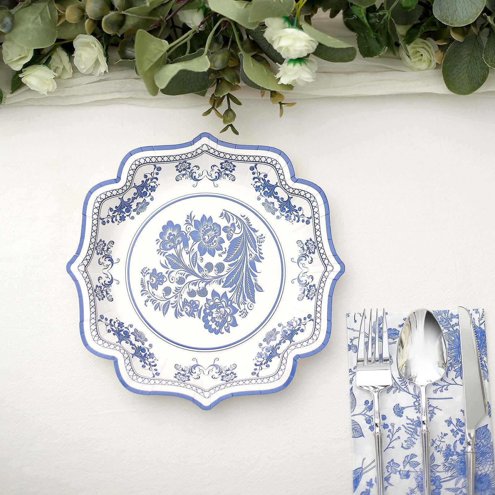 25-Pack Disposable White Paper Salad Plates with Light Blue Damask Floral Print and Scallop Rim