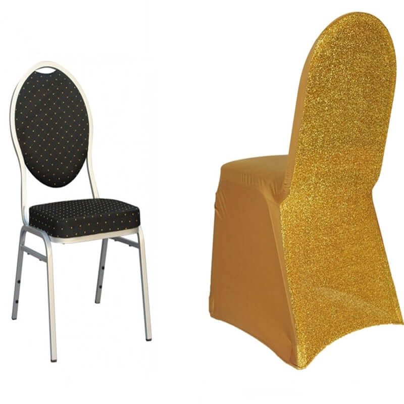 Luxe Gold Spandex Chair Cover with Metallic Shimmer Tinsel Back for Weddings & Parties