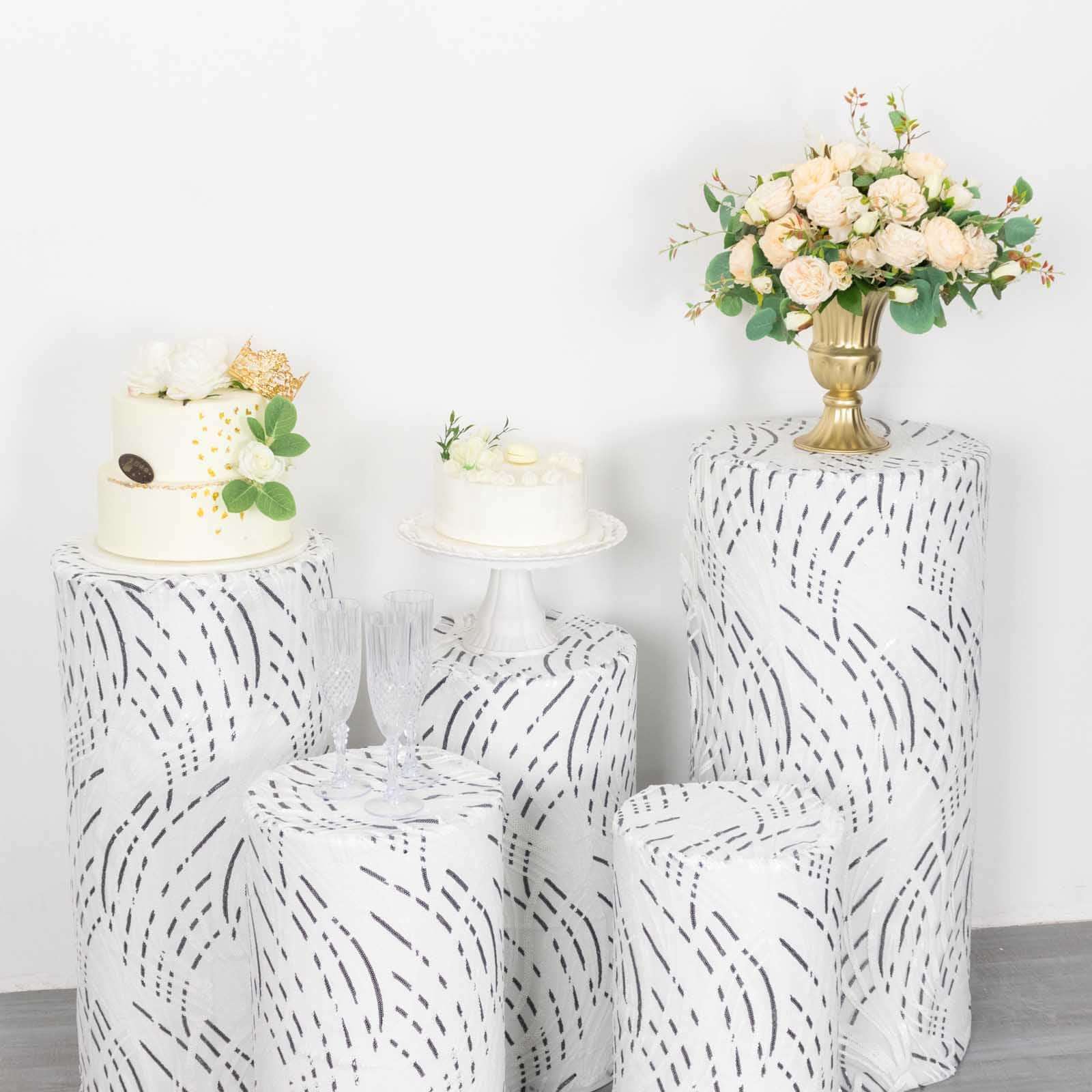 Hot Sale! Set of 5 Embroidered Sequin White Wave Mesh Cylinder Pedestal Stand Covers