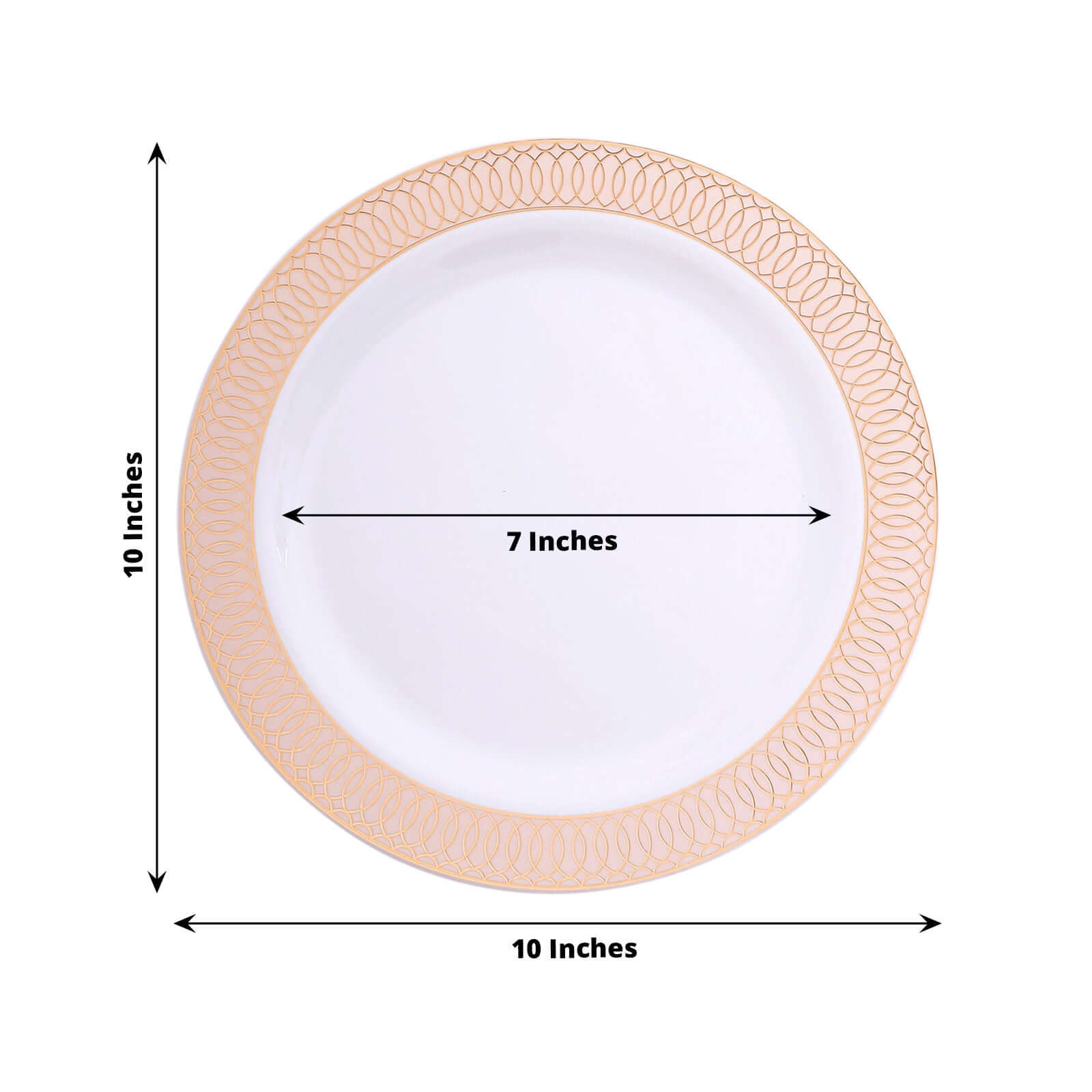 10-Piece Set of White Plastic Round Dinner Plates with Blush Rose Gold Spiral Rim for Parties