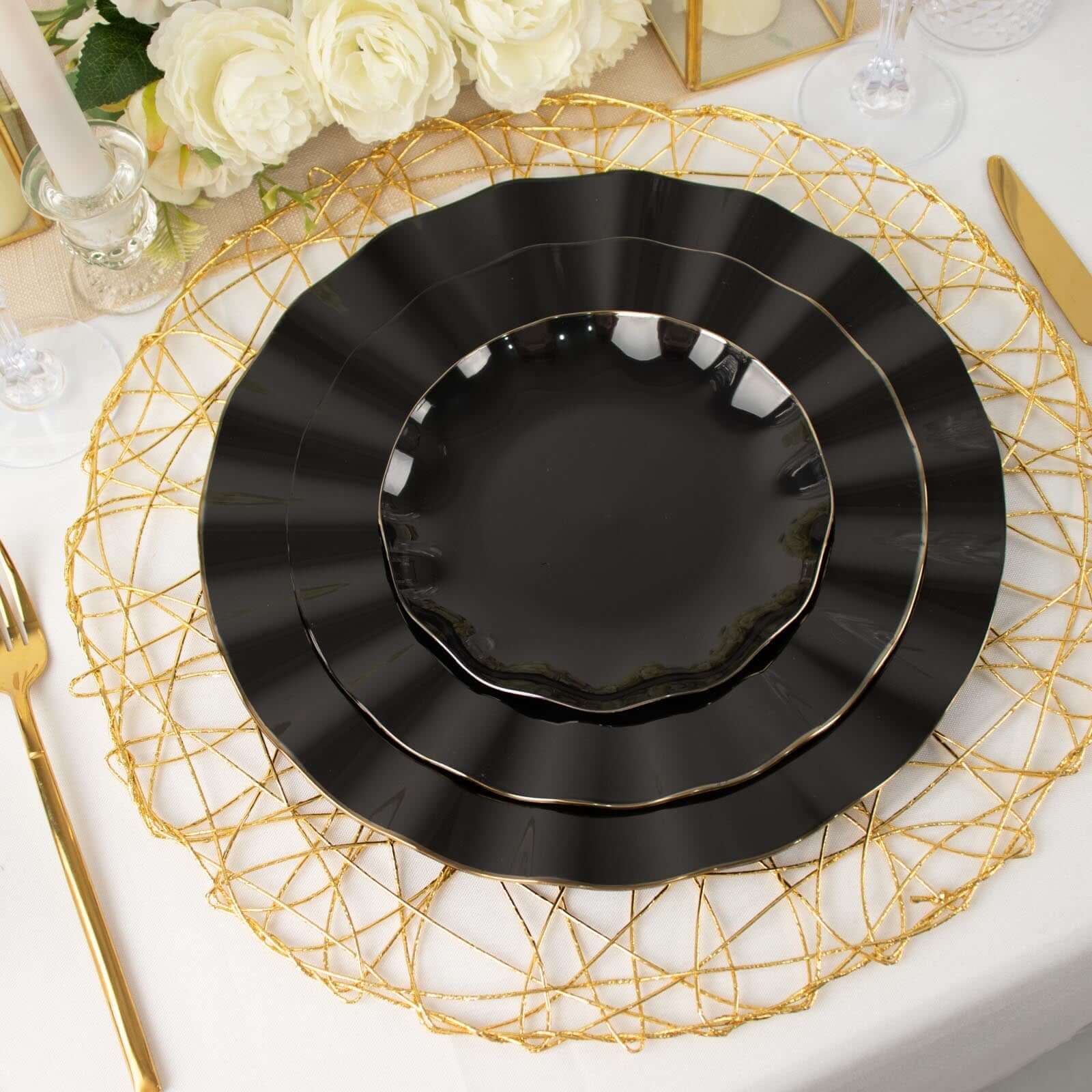 10-Piece Set of Sturdy Black Plastic Round Dinner Plates with Gold-Rimmed Ruffled Edges