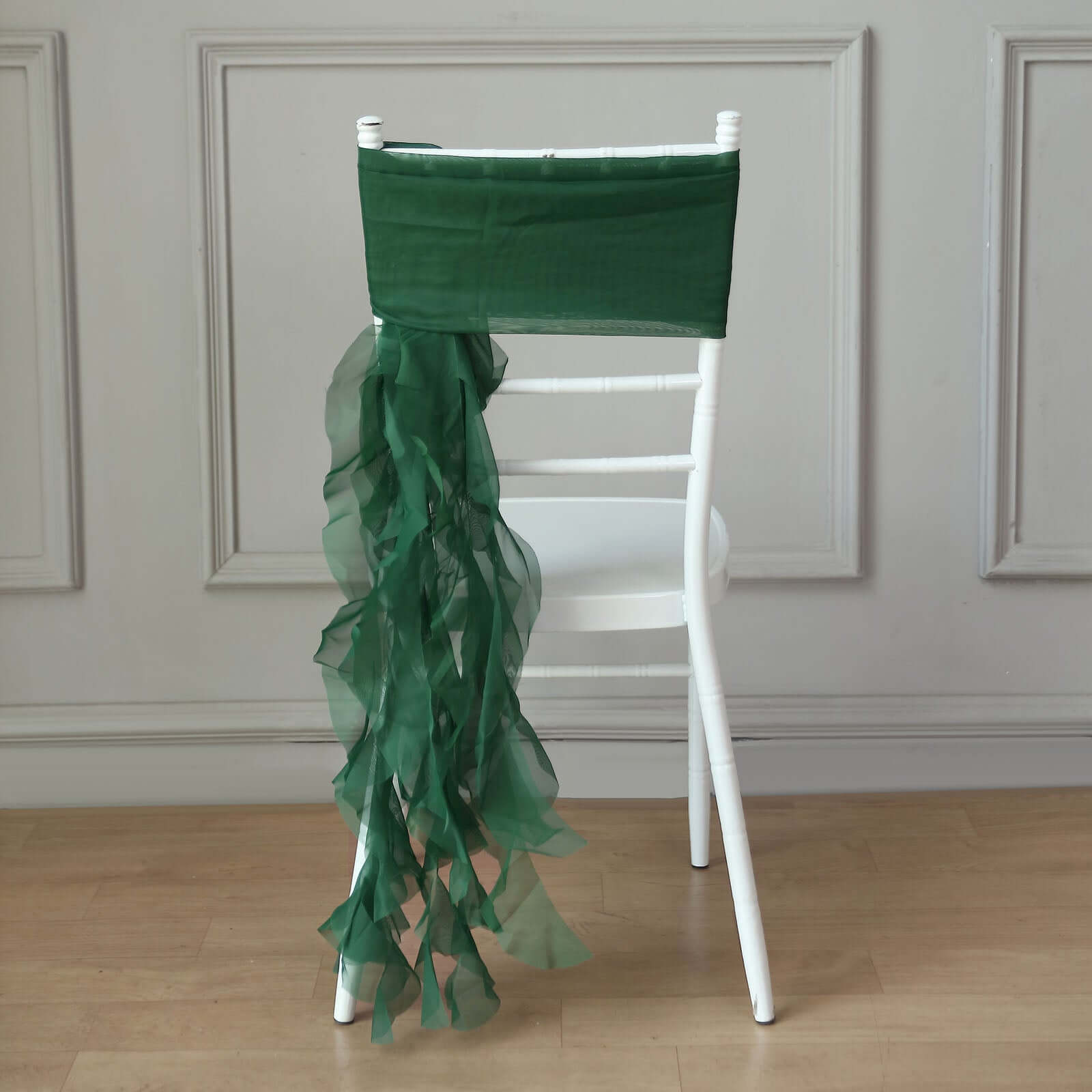 Hunter Emerald Green Chiffon Chair Sashes Set with Willow Ruffles - Elegant Party Decor