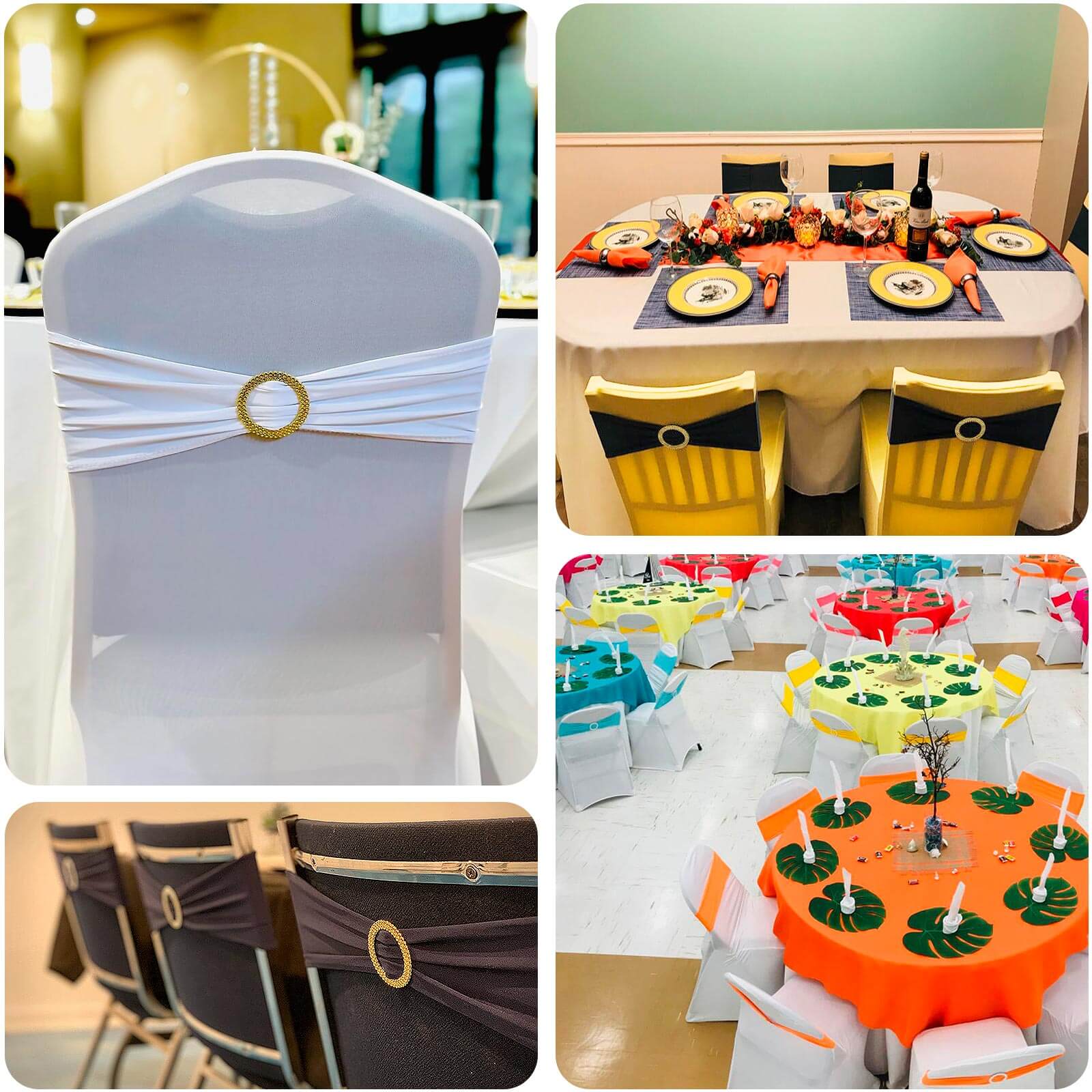 5-Piece Reusable White Spandex Chair Sashes with Gold Rhinestone Plastic Buckles for Weddings and Parties
