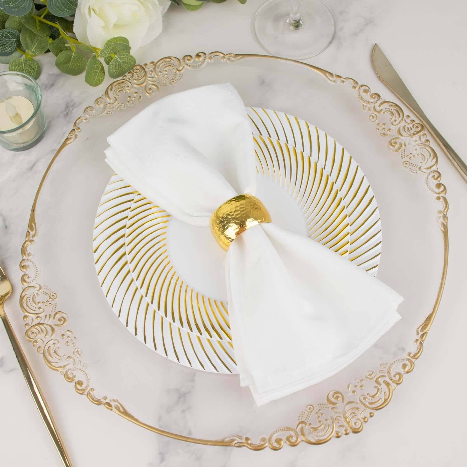 10-Pack Disposable White Dinner Plates with Gold Swirl Rim - Ideal for Parties