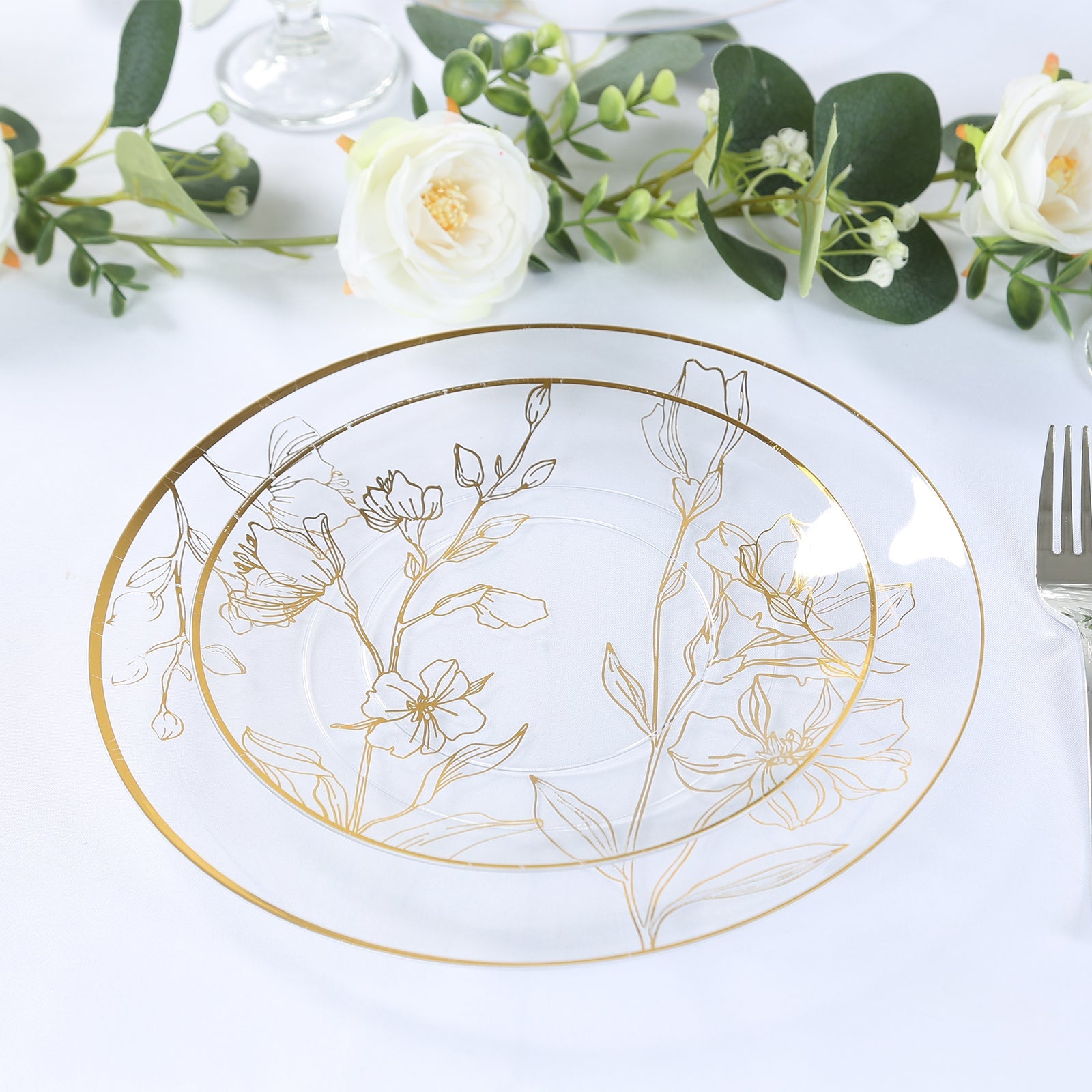 Set of 20 Disposable Clear Plastic Dinner and Dessert Plates with Metallic Gold Floral Design