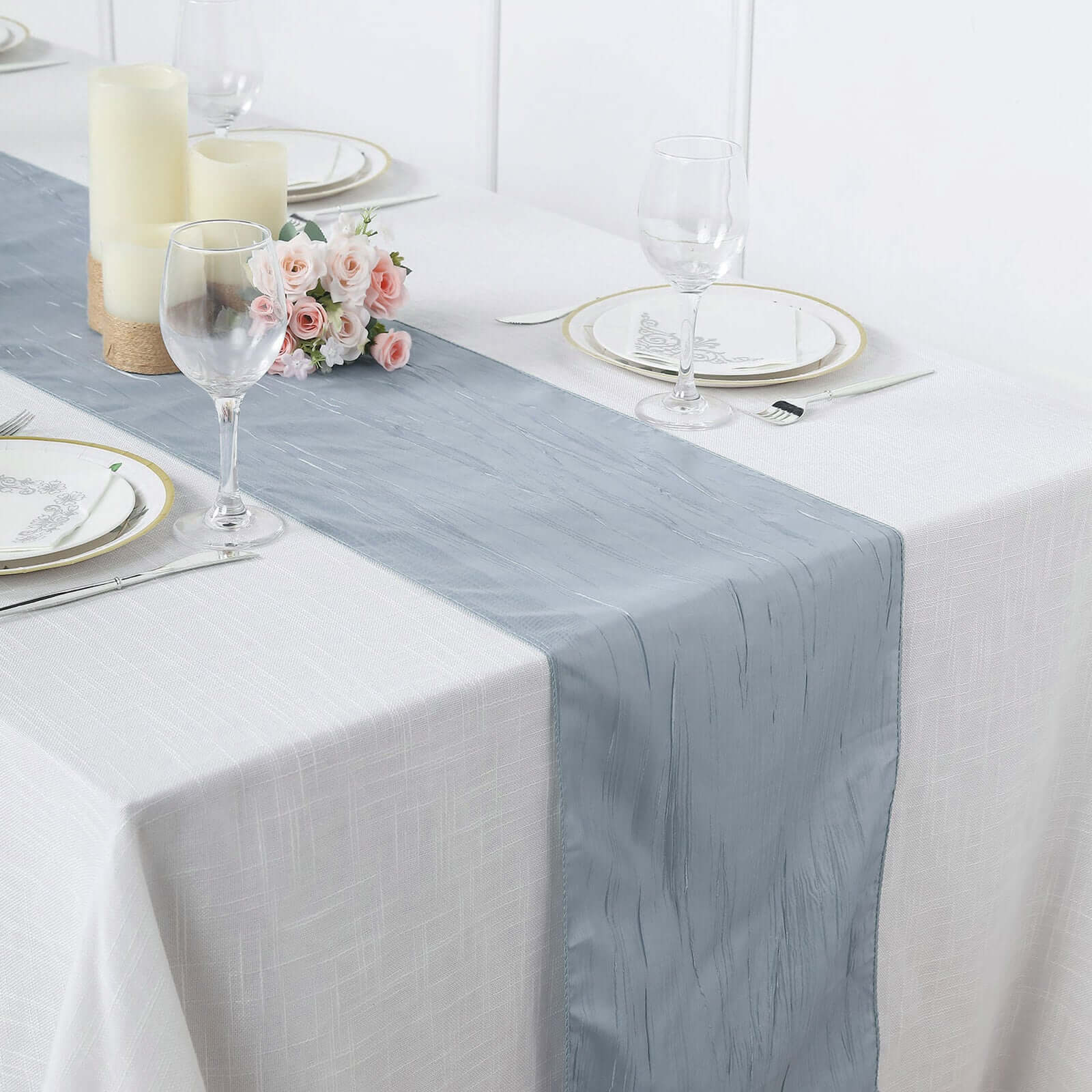 12x108 Dusty Blue Taffeta Table Runner with Accordion Crinkle & Metallic Shine