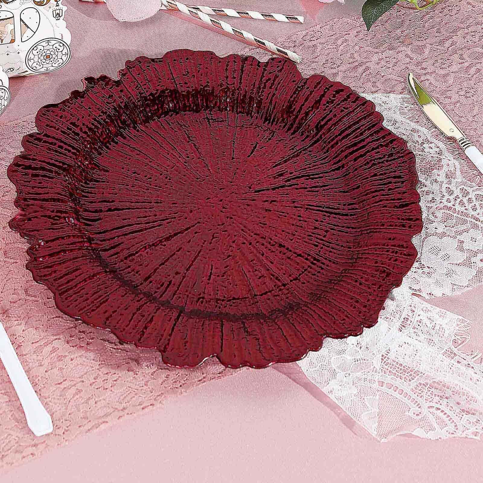 6-Piece Set of 13-Inch Burgundy Acrylic Plastic Round Dinner Charger Plates with Reef Design