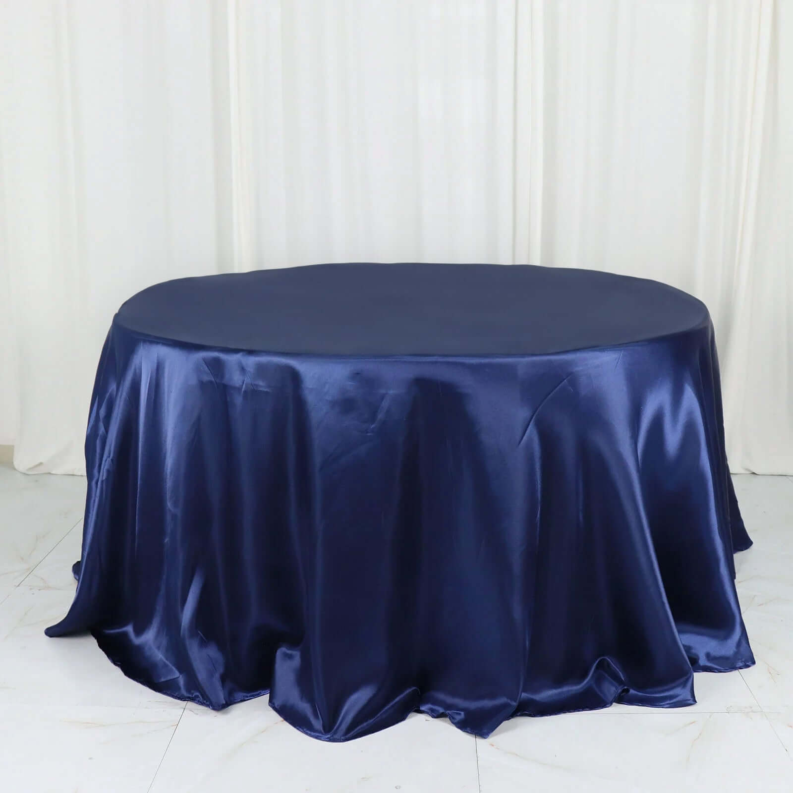 Stylish Navy Blue Satin 132-Inch Round Tablecloth - Ideal for Special Occasions