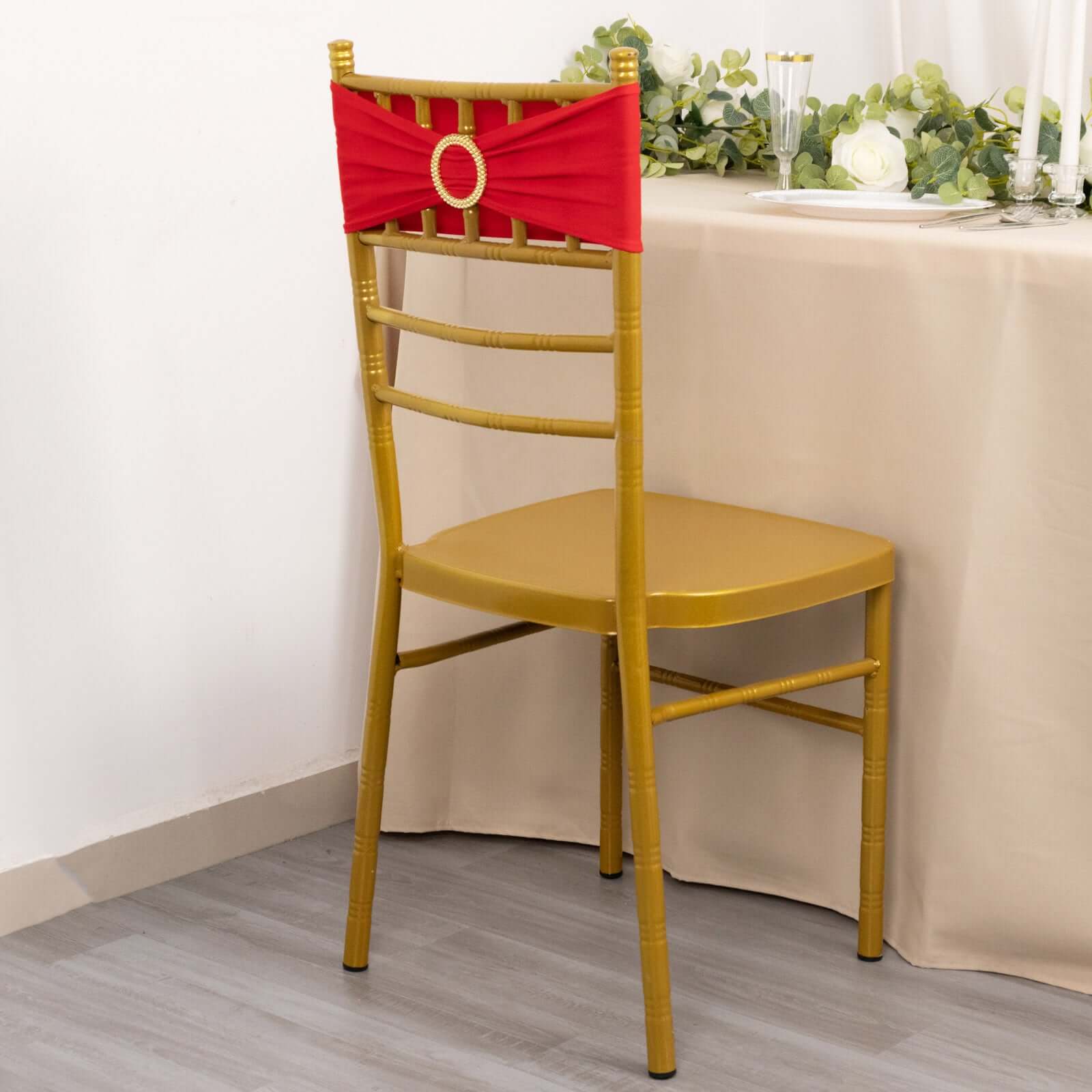 Set of 5 Reusable Red Spandex Chair Sashes with Gold Rhinestone Plastic Buckles, 5x14