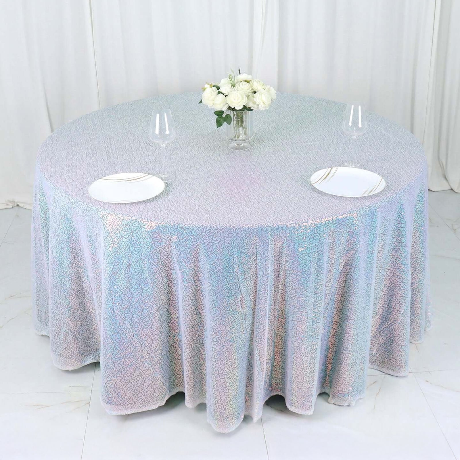 Hot! Iridescent Blue Seamless 132' Round Sequin Tablecloth
