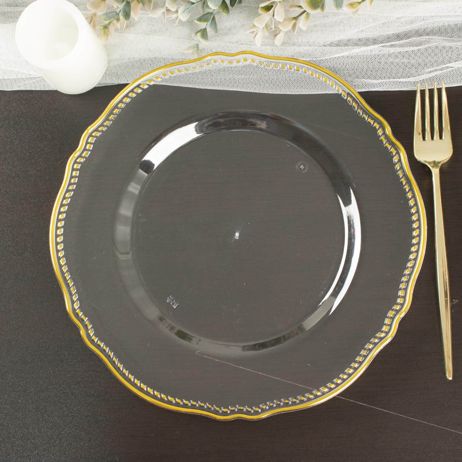 10-Pack Disposable Clear Plastic Dinner Plates with Gold Scalloped Rim - Ideal for Parties