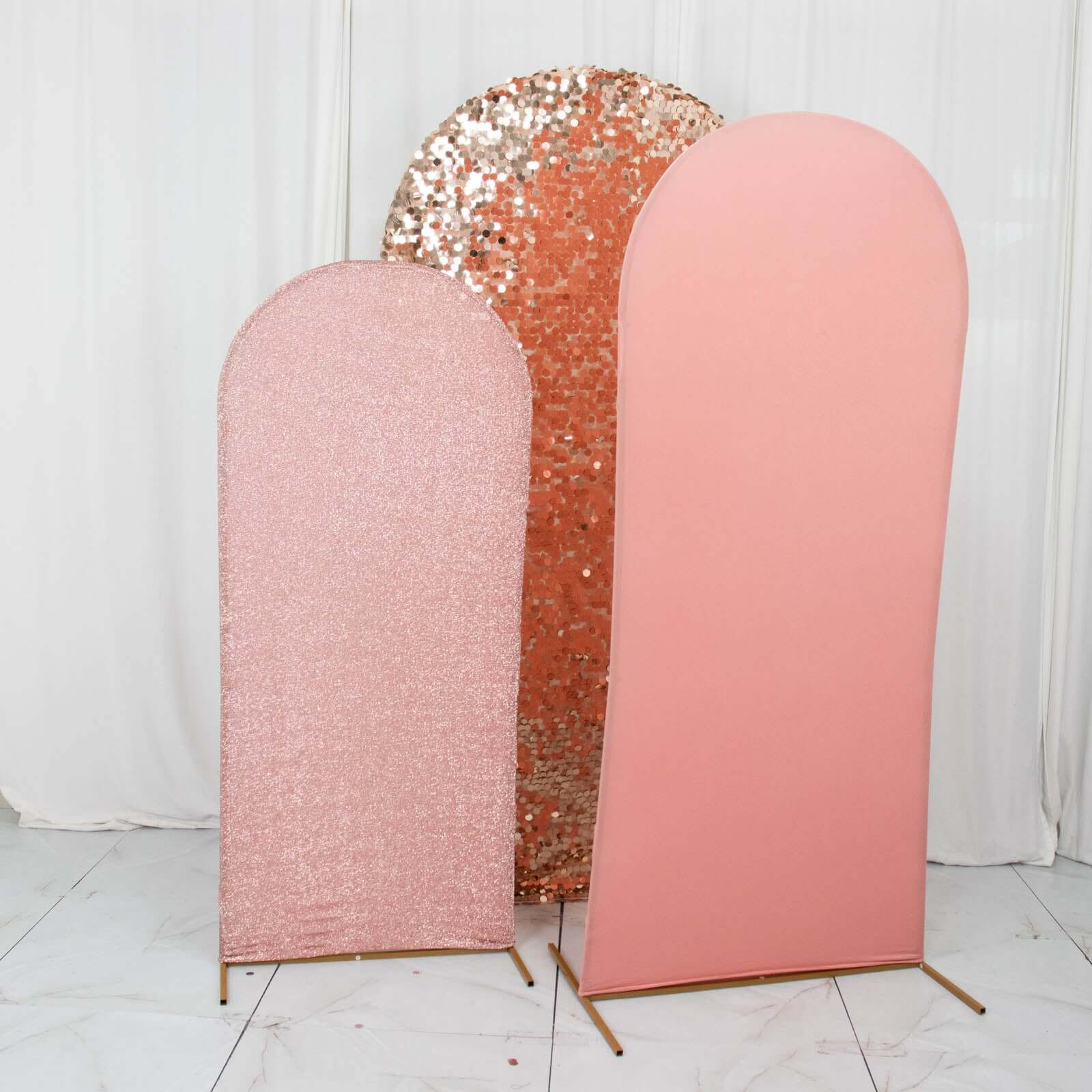 3-Piece Rose Gold Wedding Arch Frame Covers: Sequin, Tinsel & Spandex